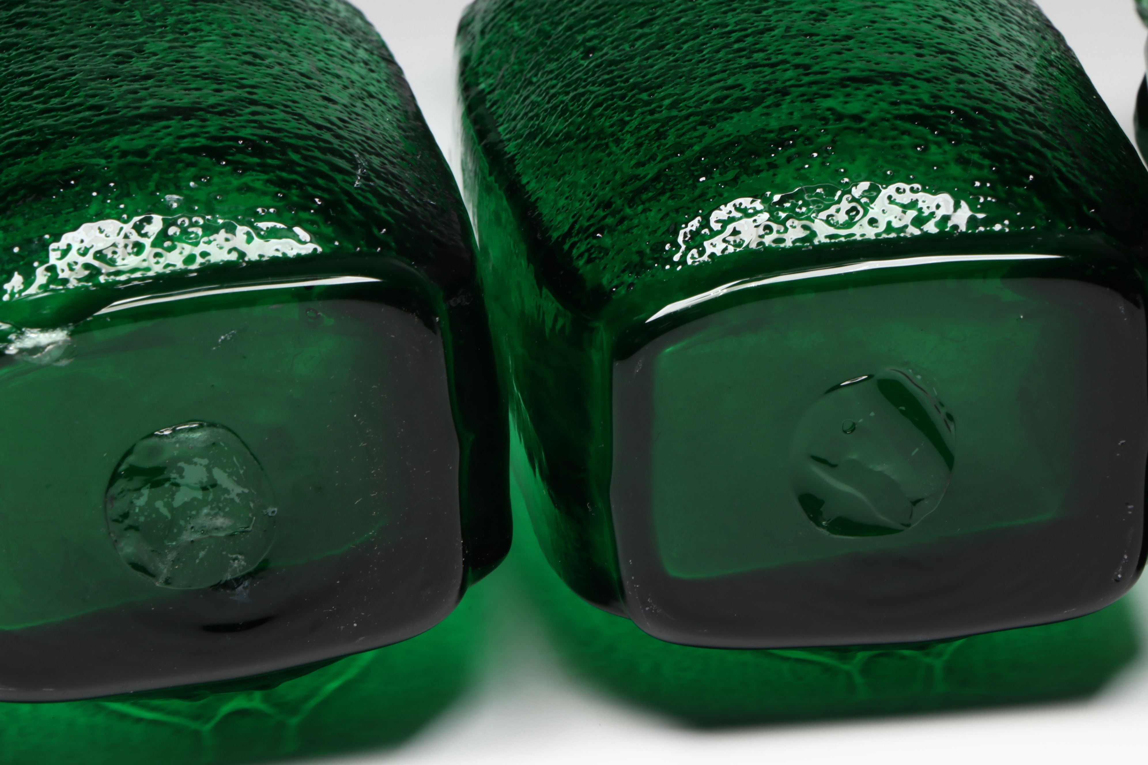 Mid Century Modern Embossed Bird Bottles with Bessi Decanter, Other Green Glass