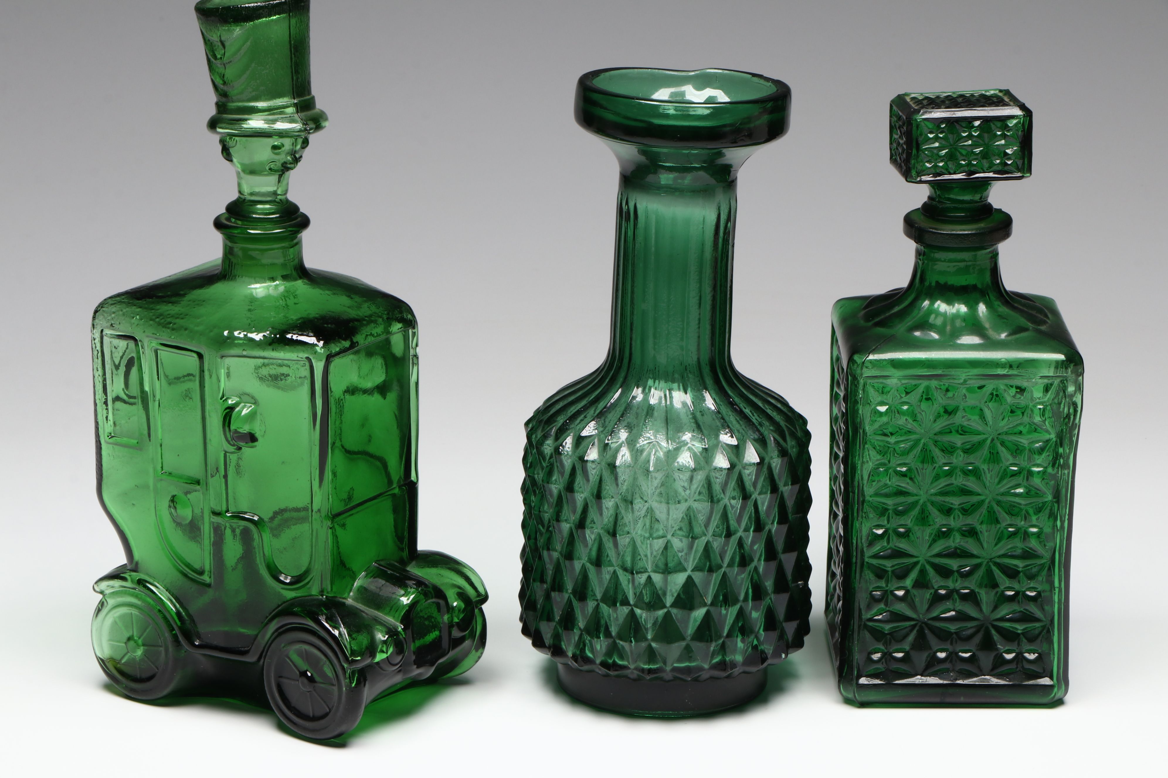 Mid Century Modern Embossed Bird Bottles with Bessi Decanter, Other Green Glass