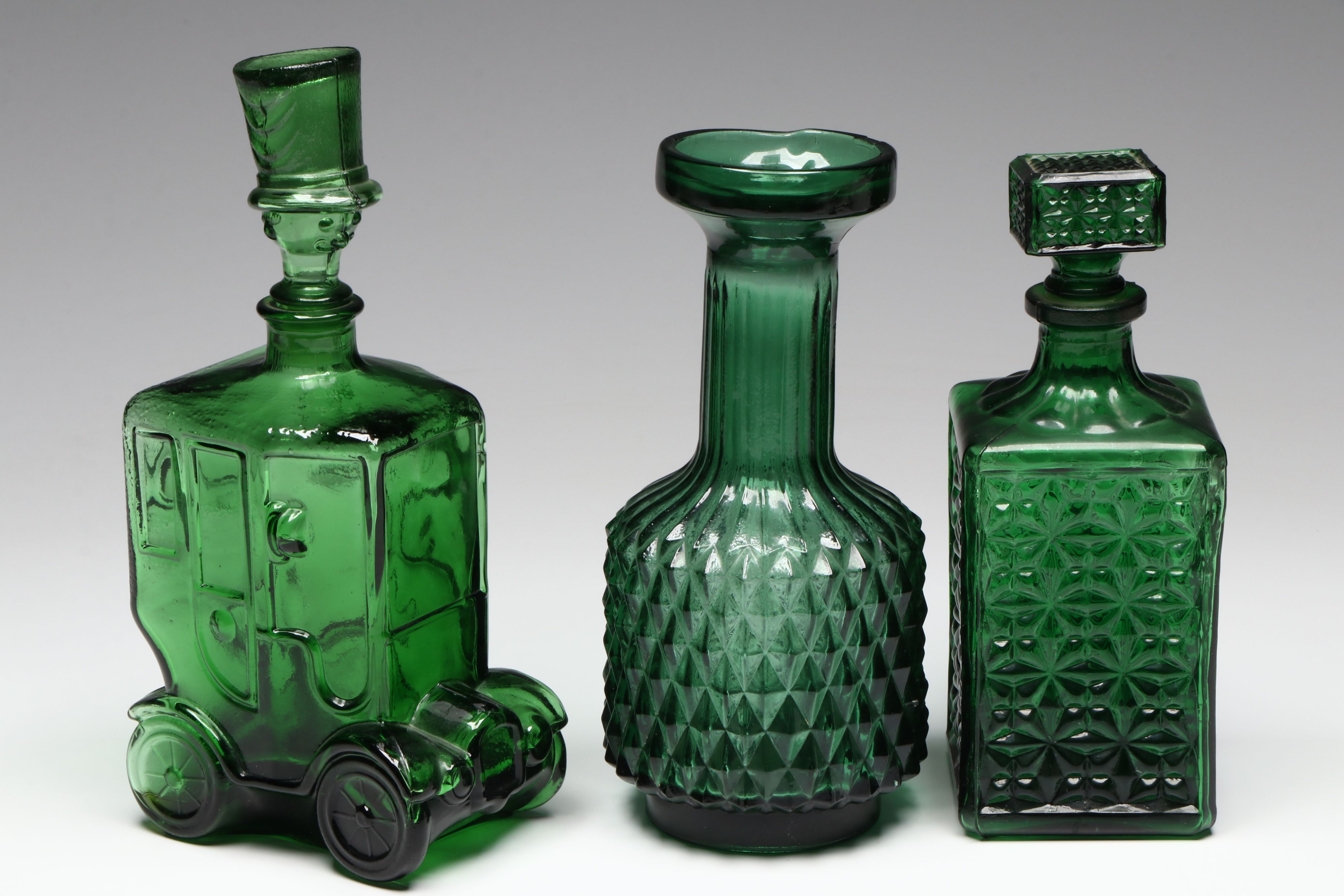 Mid Century Modern Embossed Bird Bottles with Bessi Decanter, Other Green Glass