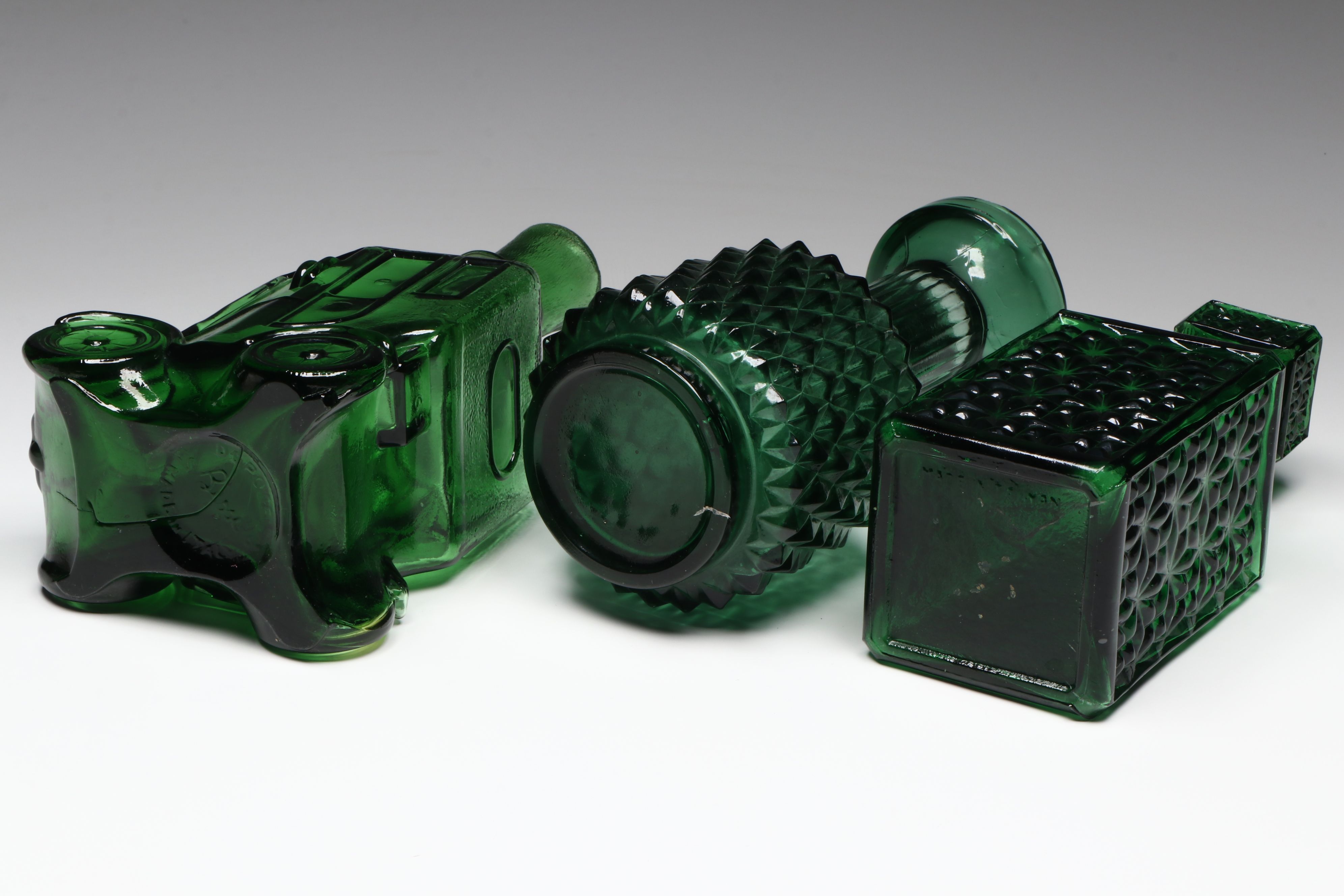 Mid Century Modern Embossed Bird Bottles with Bessi Decanter, Other Green Glass