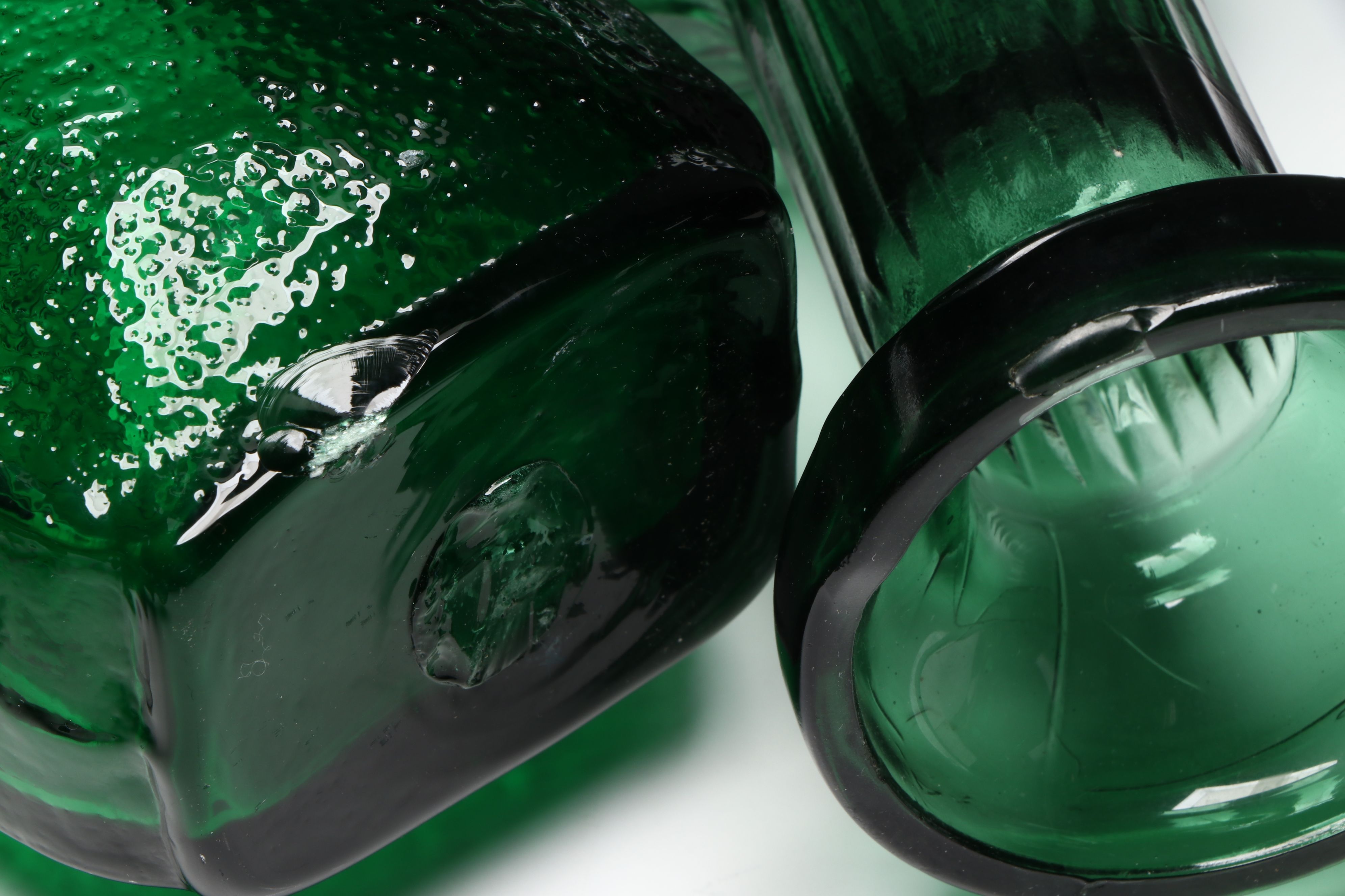 Mid Century Modern Embossed Bird Bottles with Bessi Decanter, Other Green Glass