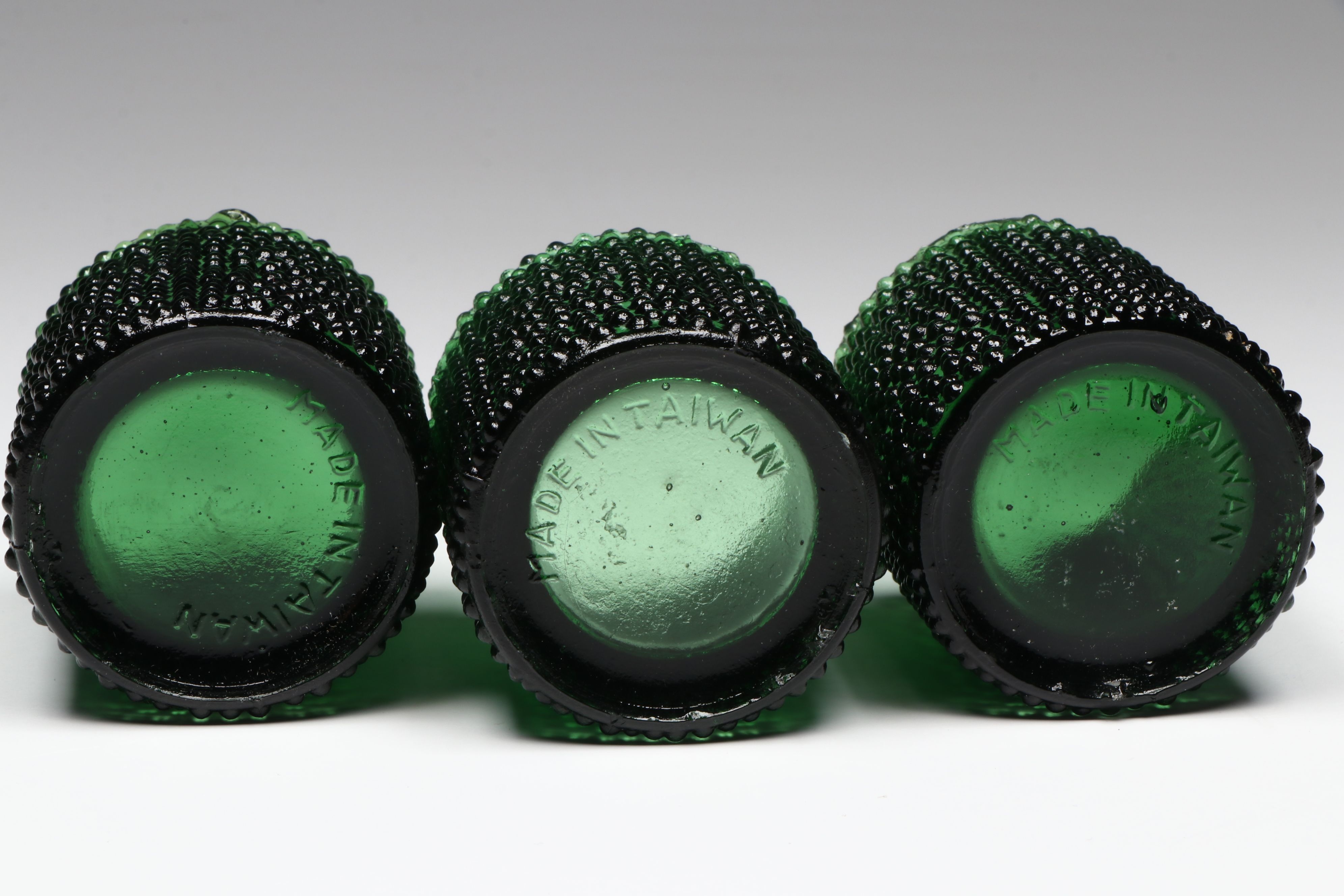 Mid Century Modern Embossed Bird Bottles with Bessi Decanter, Other Green Glass