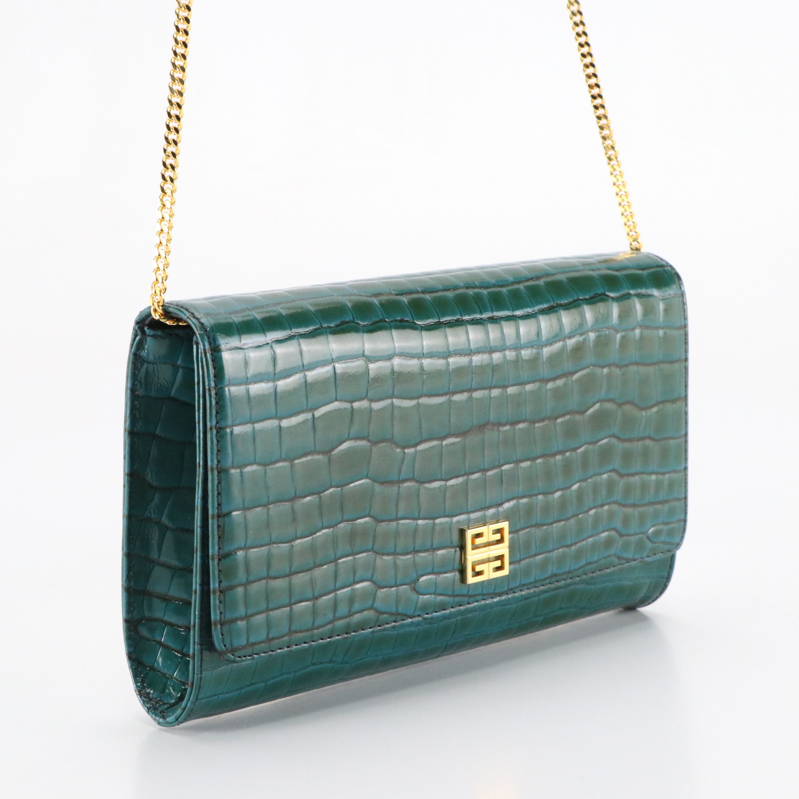 Givenchy Vintage Clutch Bag on Chain in Blue and Green Croc Embossed Leather