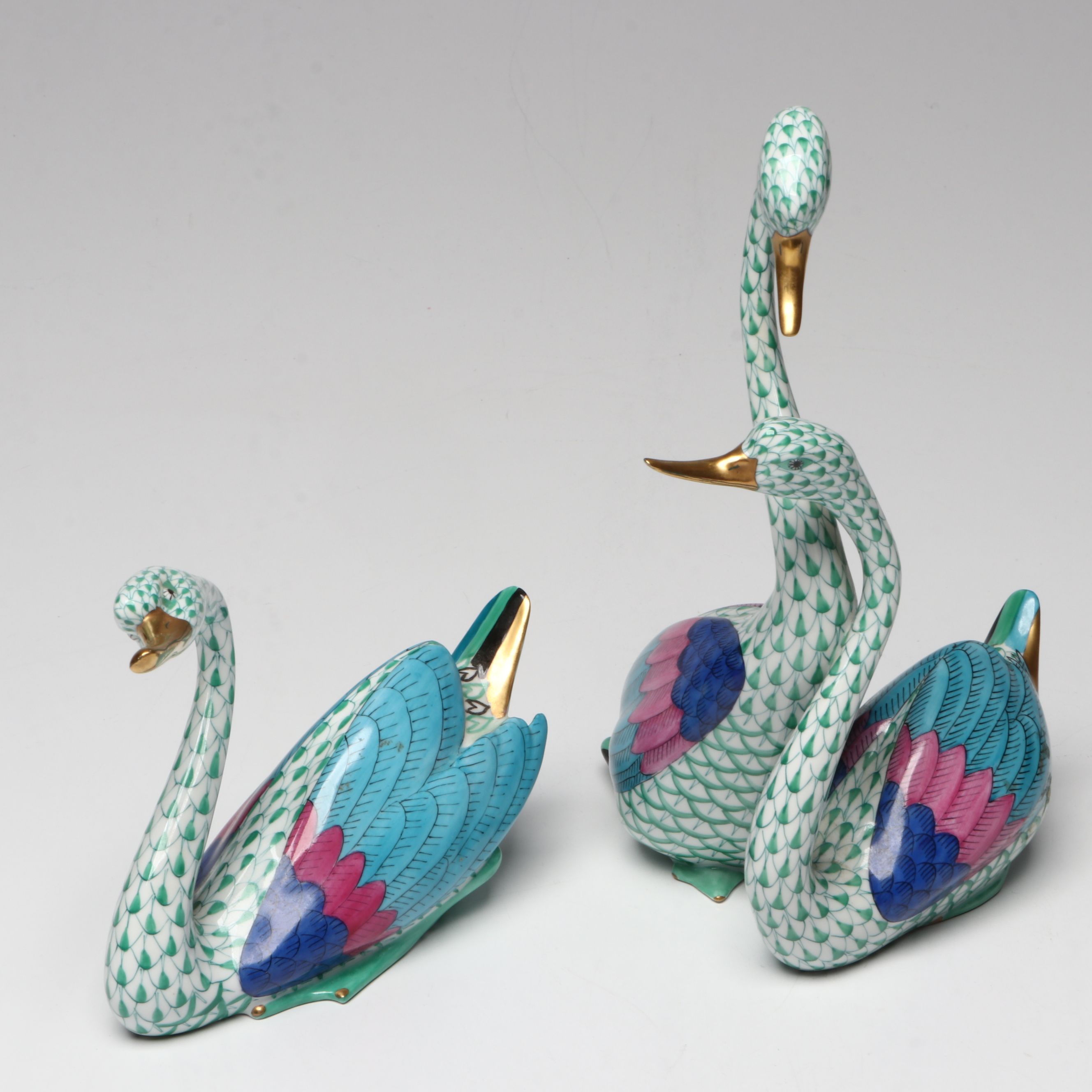 Herend Green Fishnet with Gold "Swan" and "Pair of Swans" Porcelain Figurines