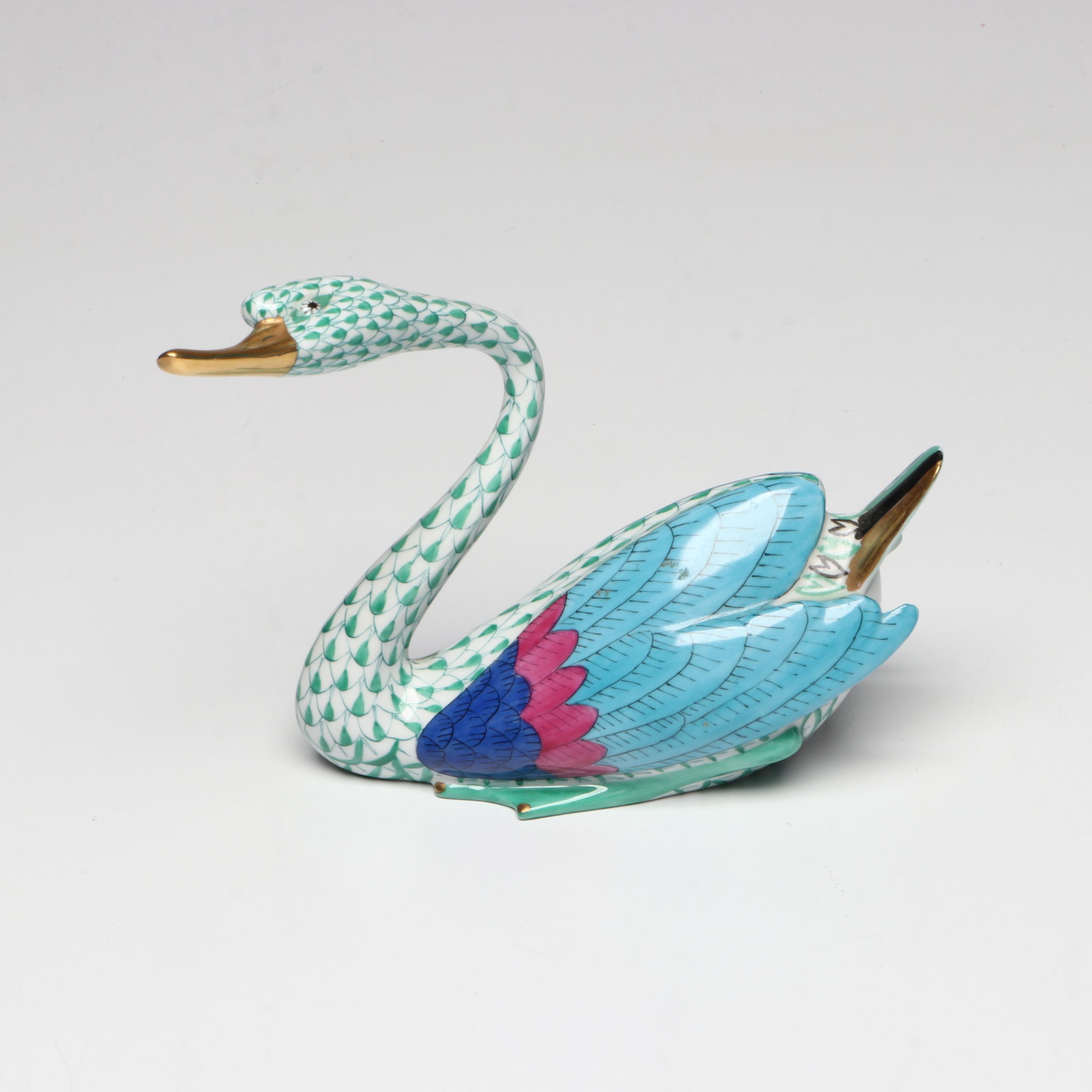 Herend Green Fishnet with Gold "Swan" and "Pair of Swans" Porcelain Figurines