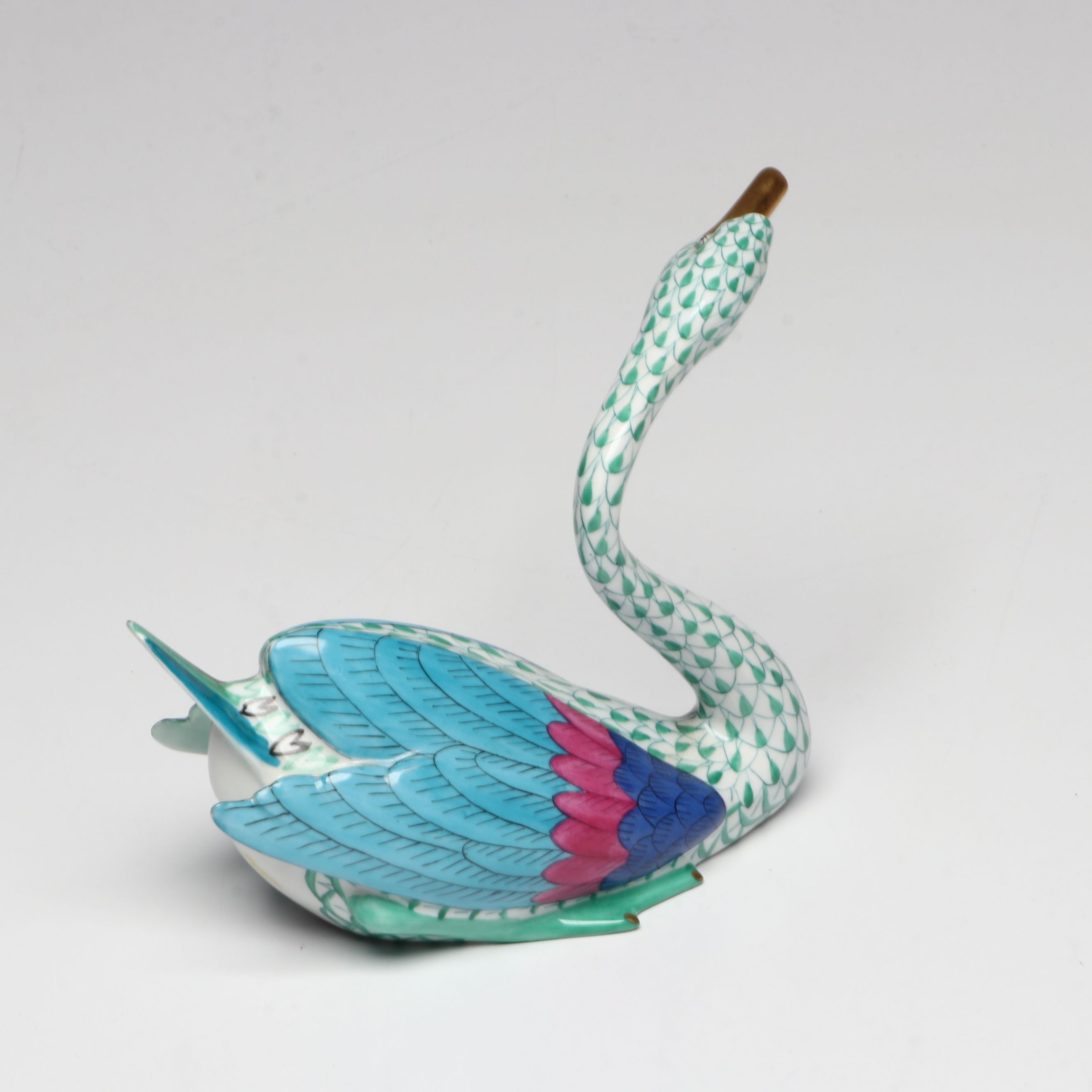 Herend Green Fishnet with Gold "Swan" and "Pair of Swans" Porcelain Figurines