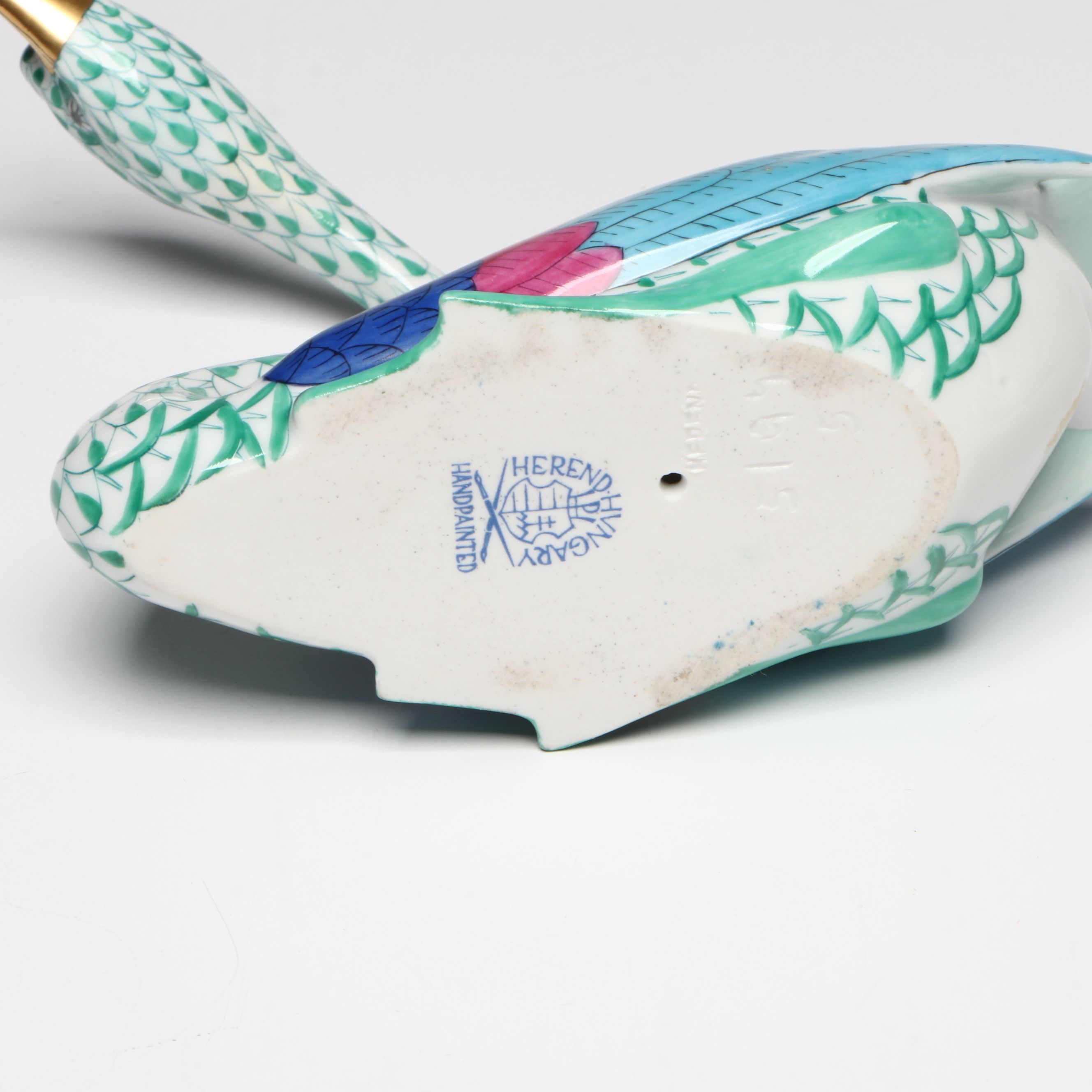 Herend Green Fishnet with Gold "Swan" and "Pair of Swans" Porcelain Figurines