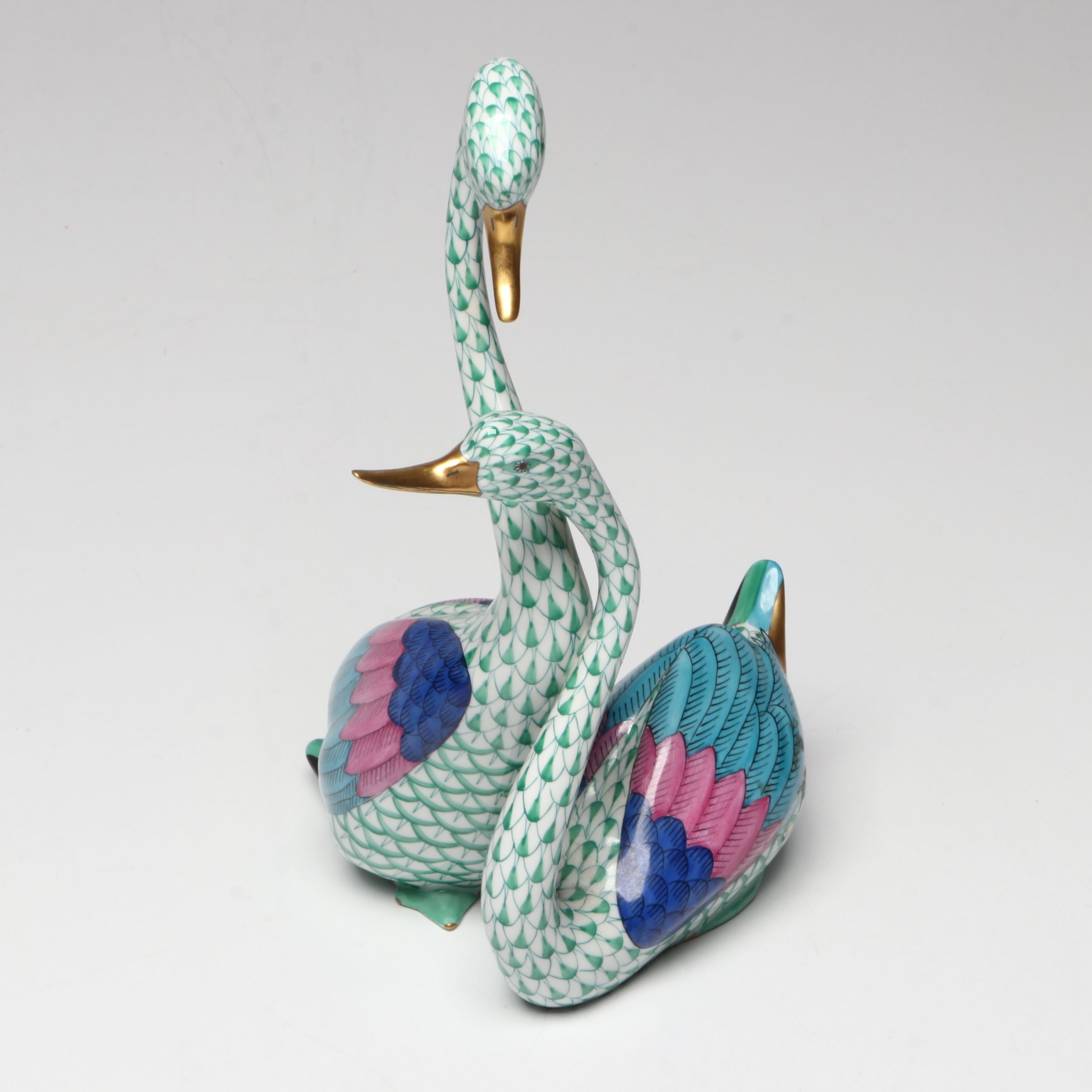 Herend Green Fishnet with Gold "Swan" and "Pair of Swans" Porcelain Figurines