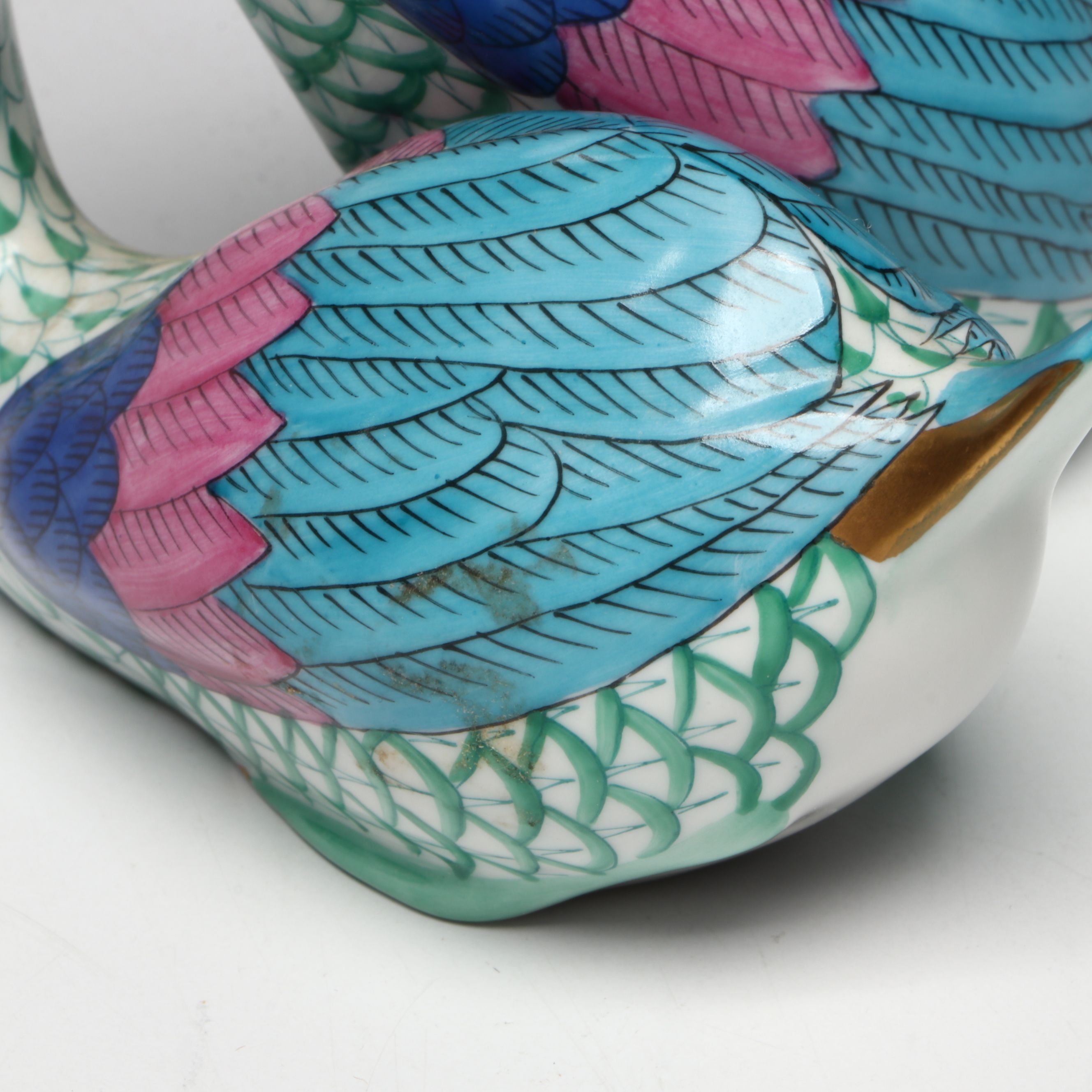 Herend Green Fishnet with Gold "Swan" and "Pair of Swans" Porcelain Figurines