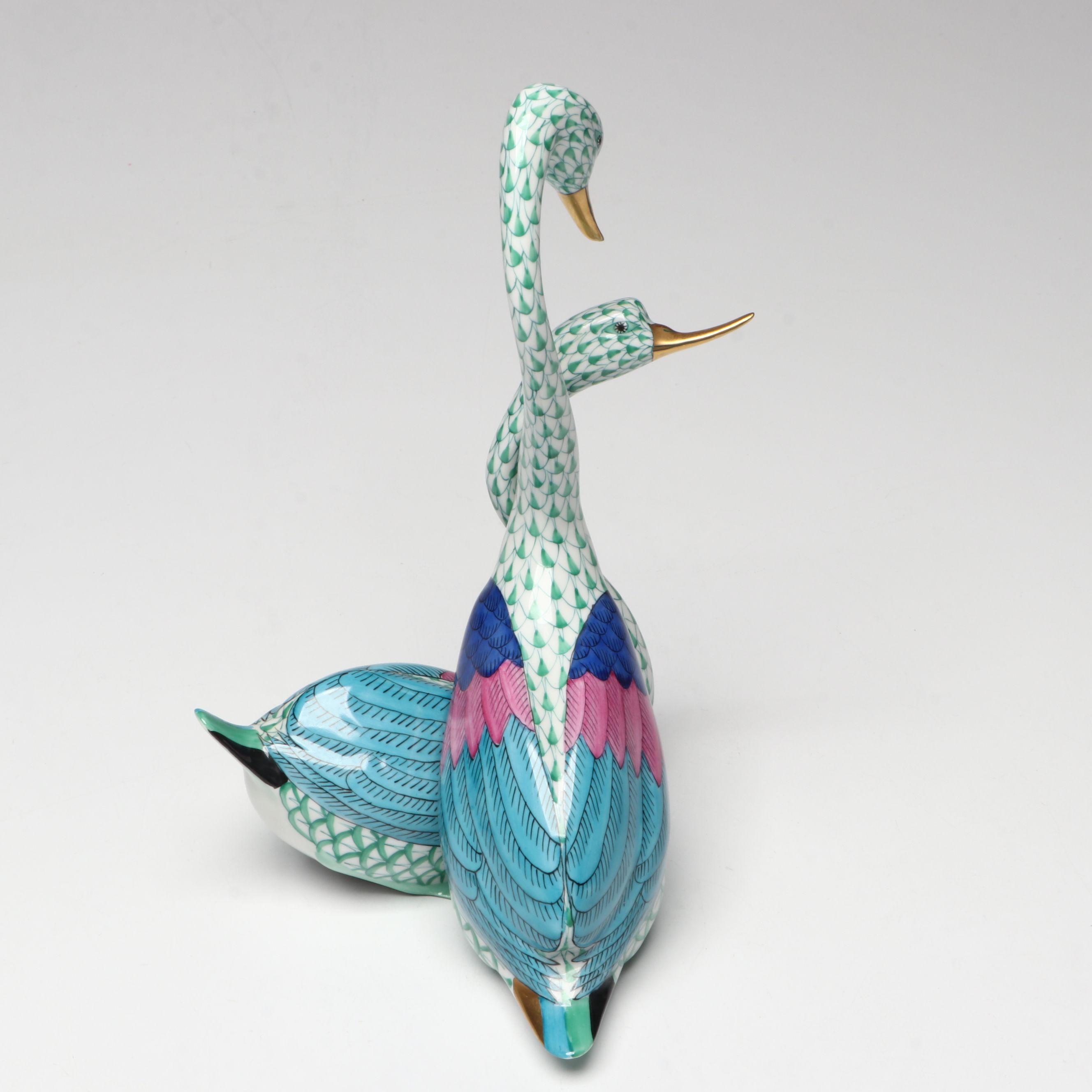 Herend Green Fishnet with Gold "Swan" and "Pair of Swans" Porcelain Figurines