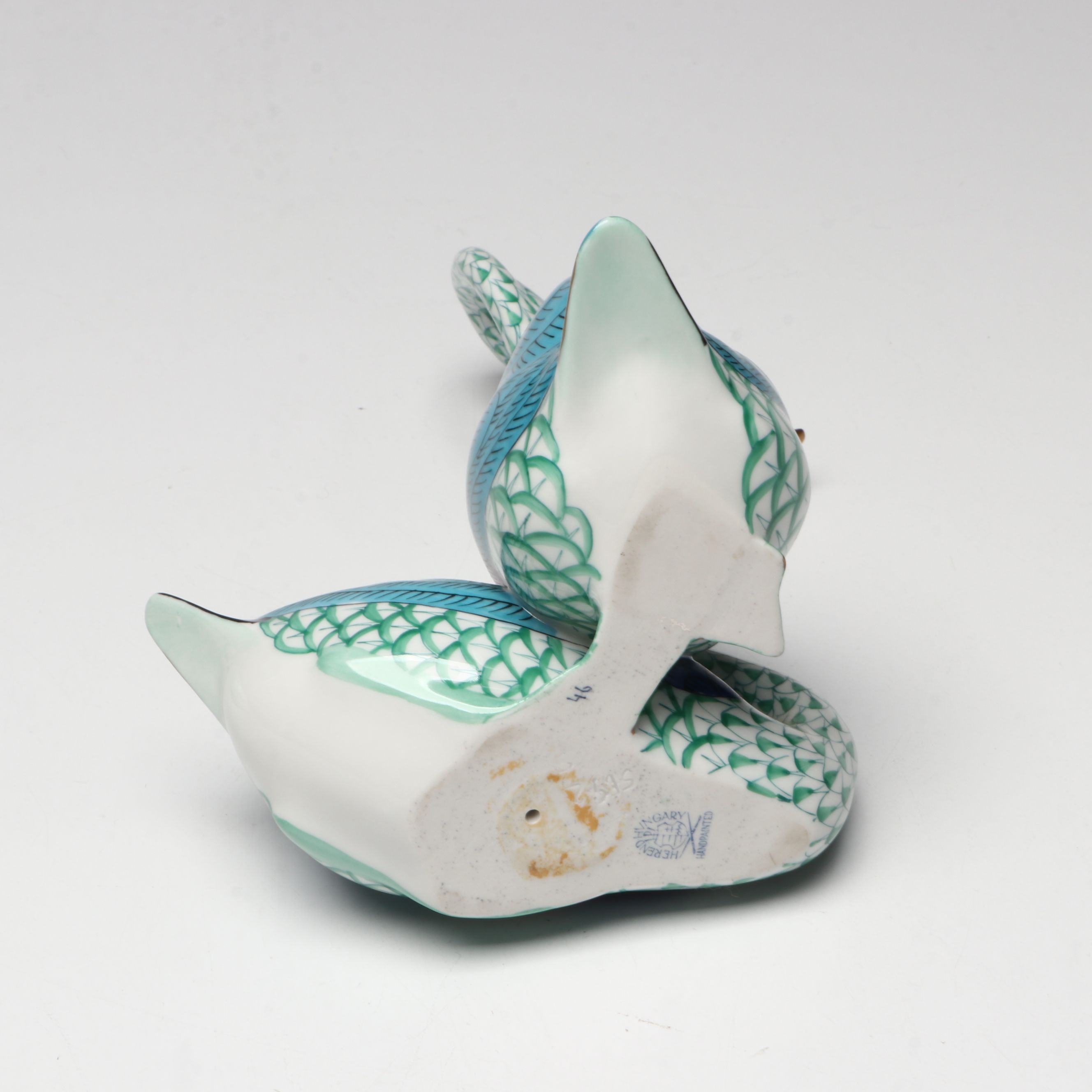 Herend Green Fishnet with Gold "Swan" and "Pair of Swans" Porcelain Figurines