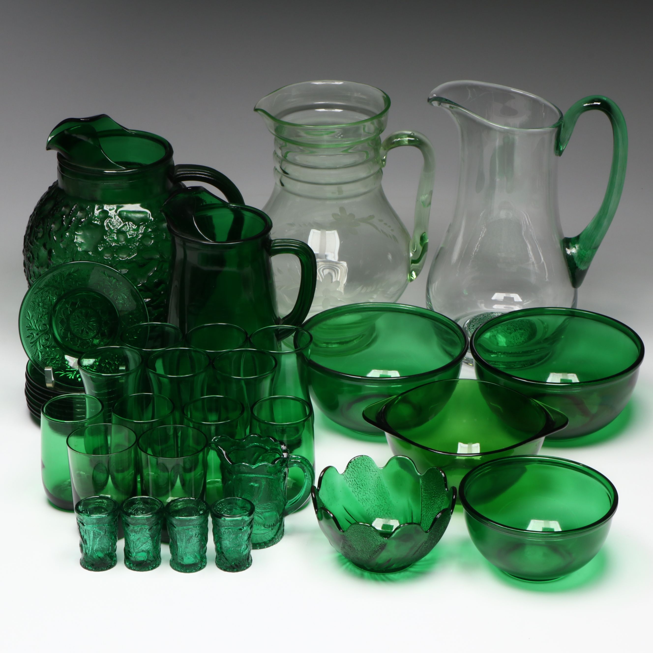 Anchor Hocking "Milano" and Other Pitchers with Vereco Bowl, More Green Glass
