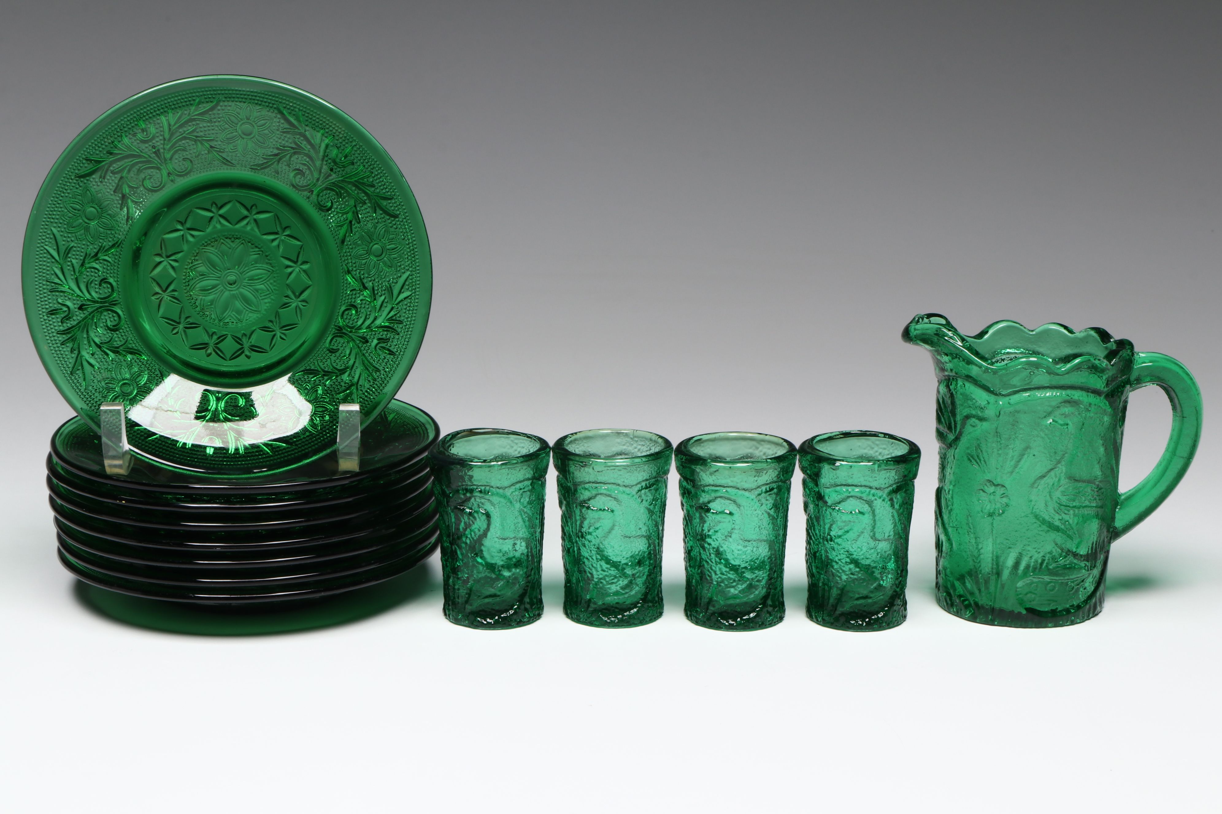 Anchor Hocking "Milano" and Other Pitchers with Vereco Bowl, More Green Glass