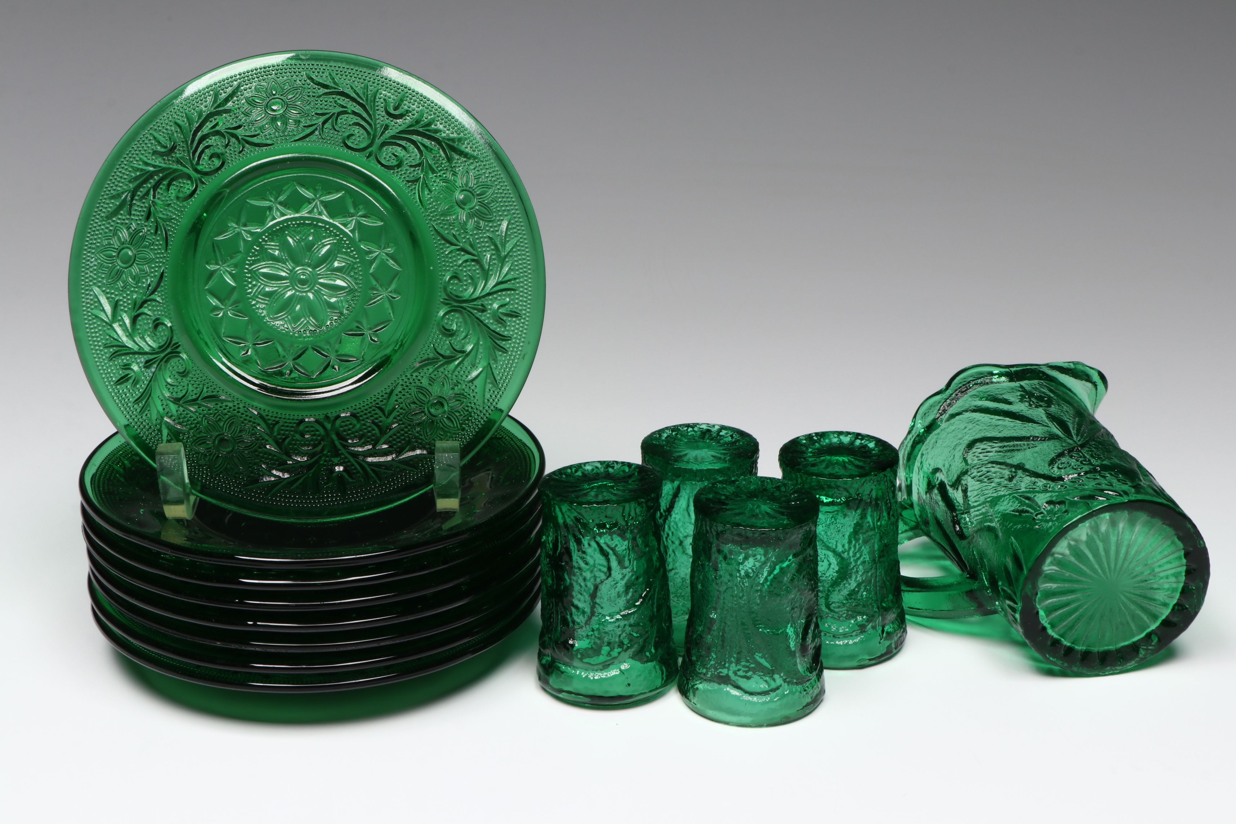 Anchor Hocking "Milano" and Other Pitchers with Vereco Bowl, More Green Glass