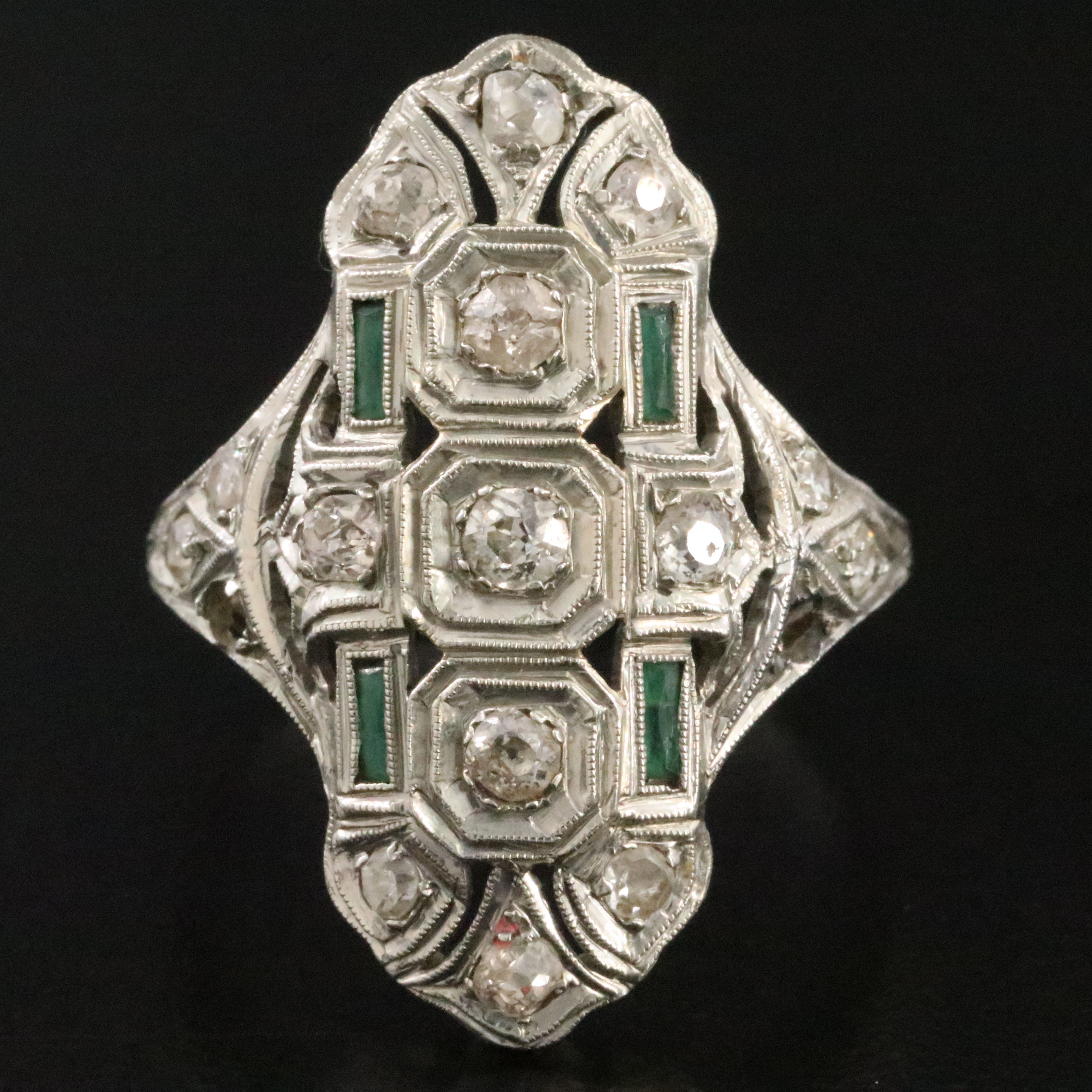 Art Deco Flyer Bros. 18K 0.67 CTW Diamond and Green Glass Pointer Ring