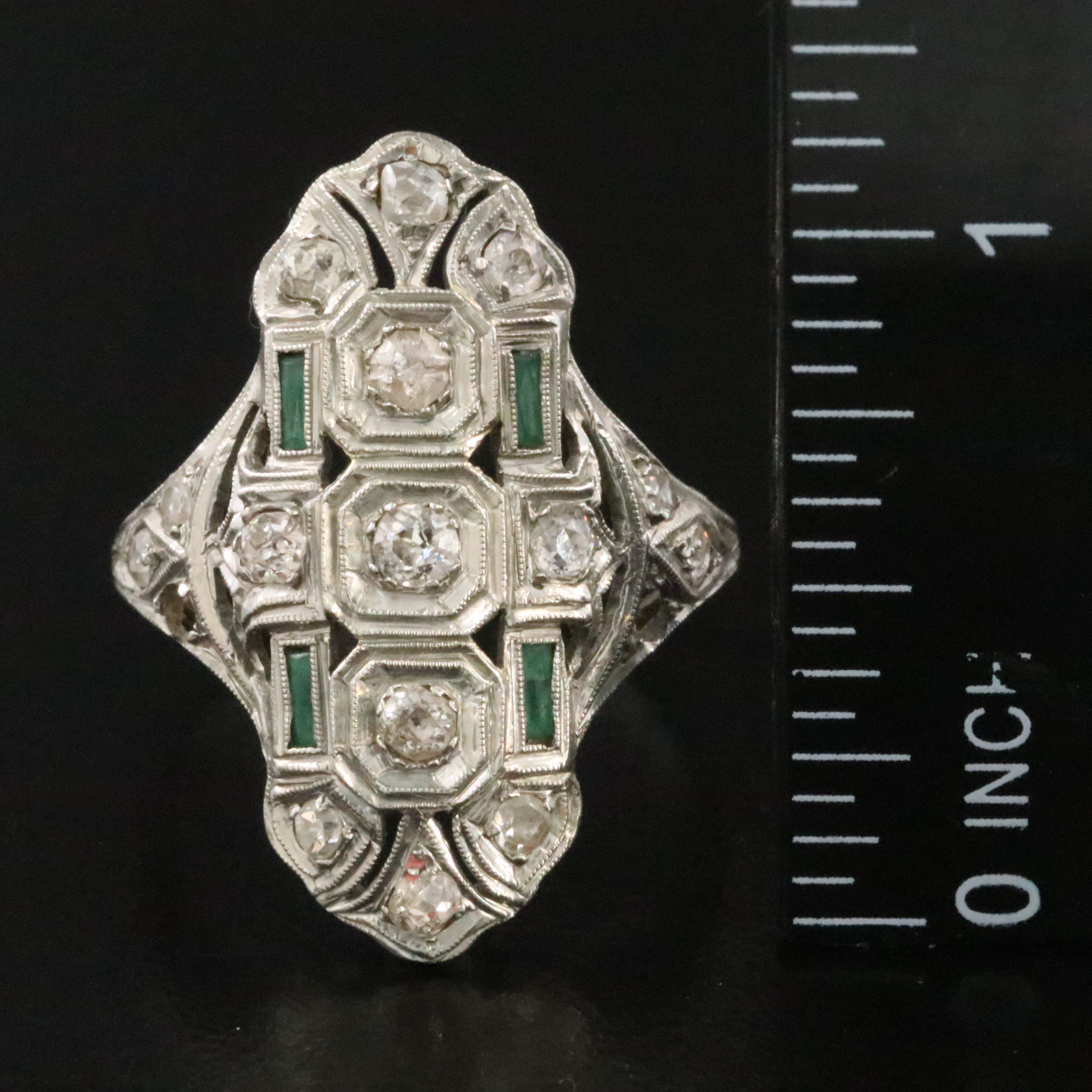 Art Deco Flyer Bros. 18K 0.67 CTW Diamond and Green Glass Pointer Ring