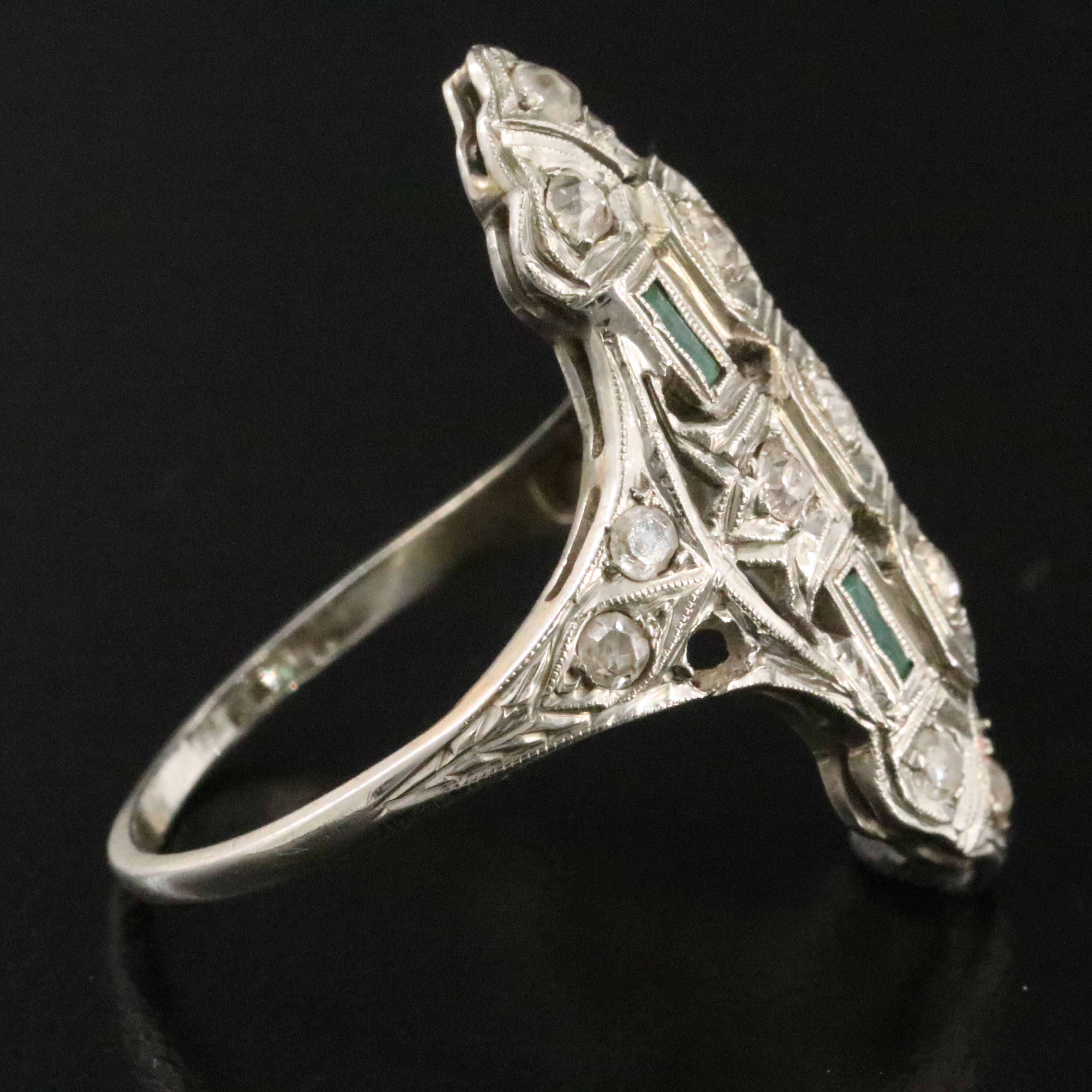Art Deco Flyer Bros. 18K 0.67 CTW Diamond and Green Glass Pointer Ring