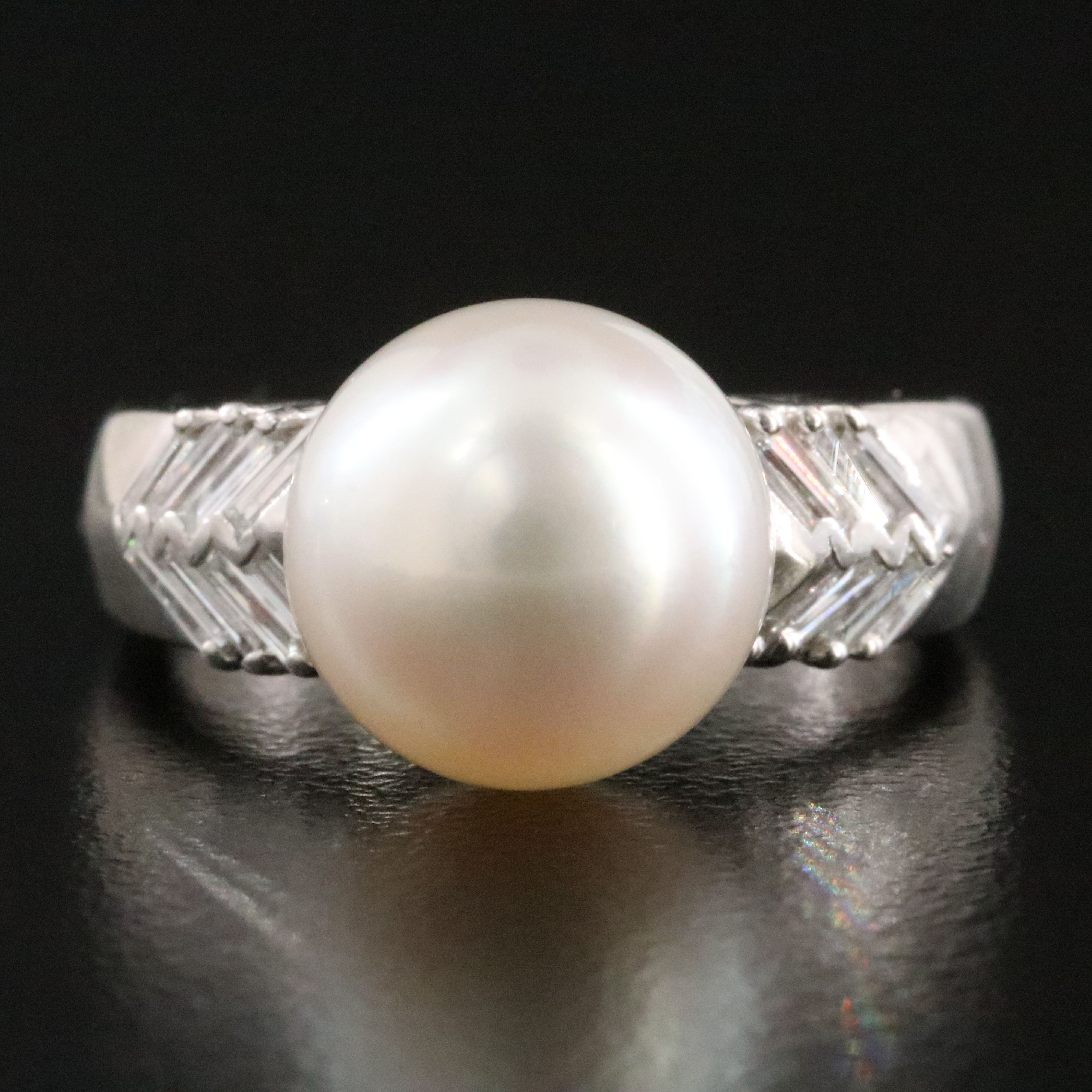 Platinum Pearl and Diamond Chevron Ring