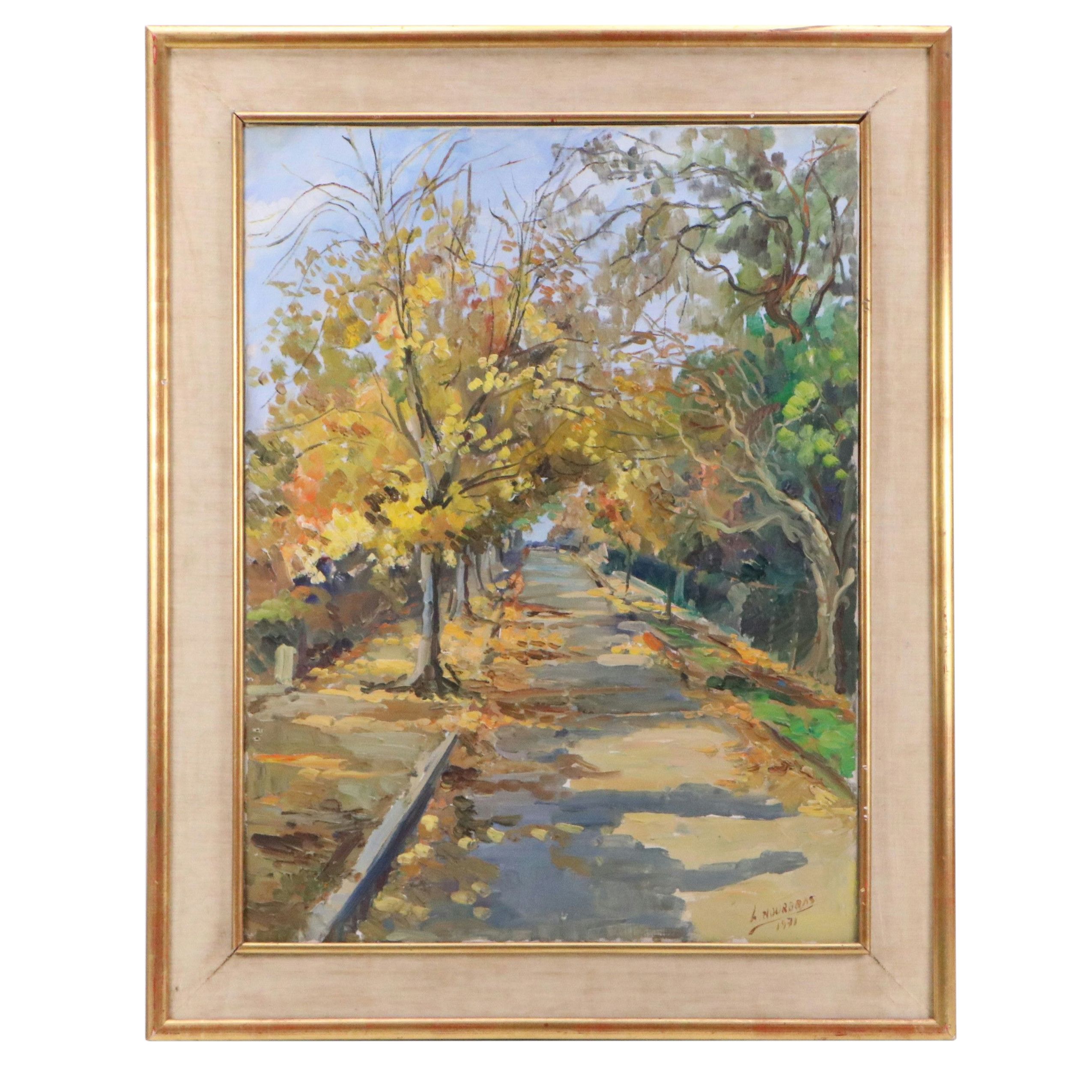 Luis Hourgras Oil Painting of Autumnal Path, 1971
