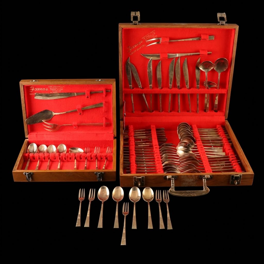 Thai Bronzeware Flatware in Teak Chest, Late 20th Century