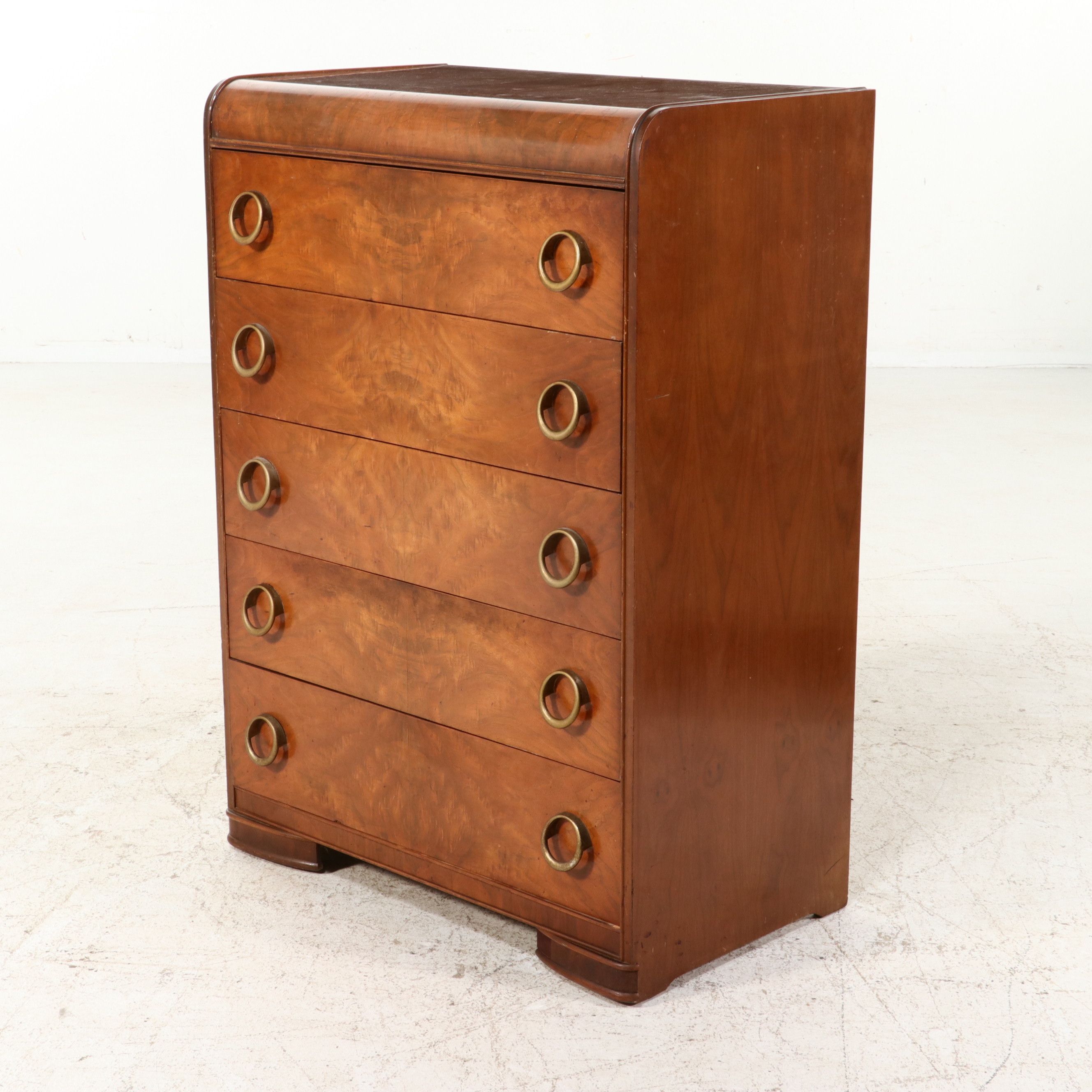 Art Deco Waterfall Walnut Tallboy Chest, Early 20th Century