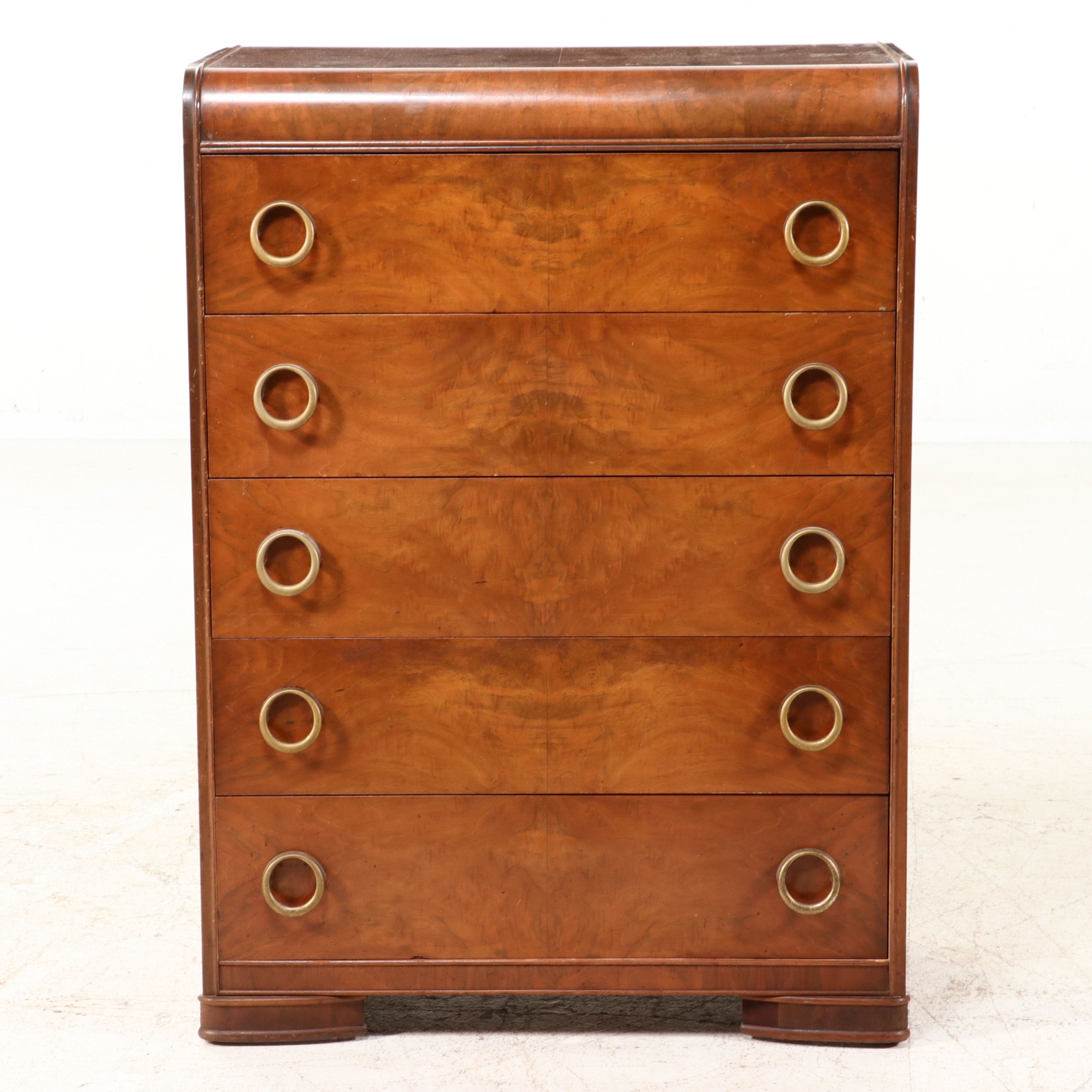 Art Deco Waterfall Walnut Tallboy Chest, Early 20th Century