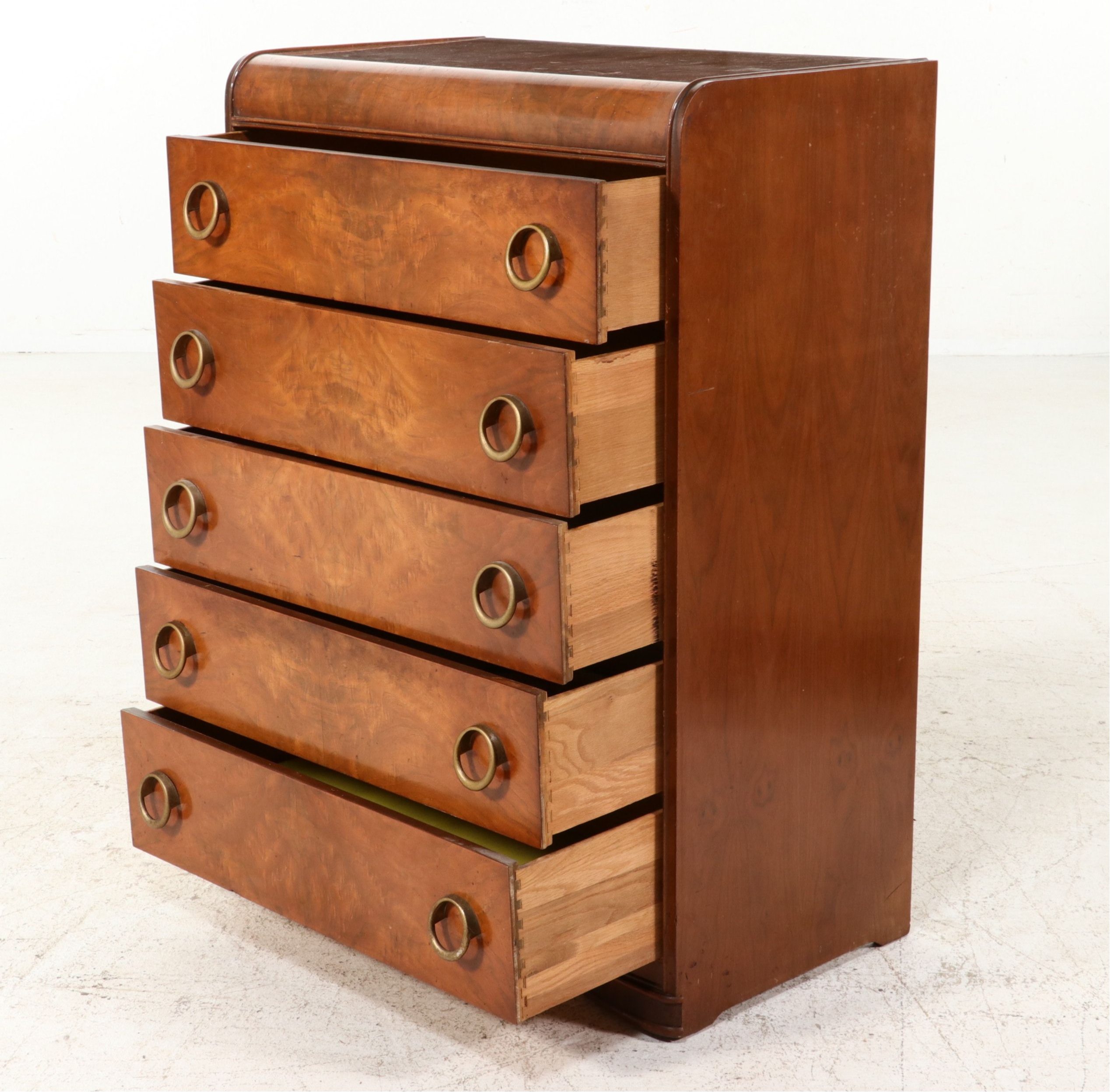 Art Deco Waterfall Walnut Tallboy Chest, Early 20th Century