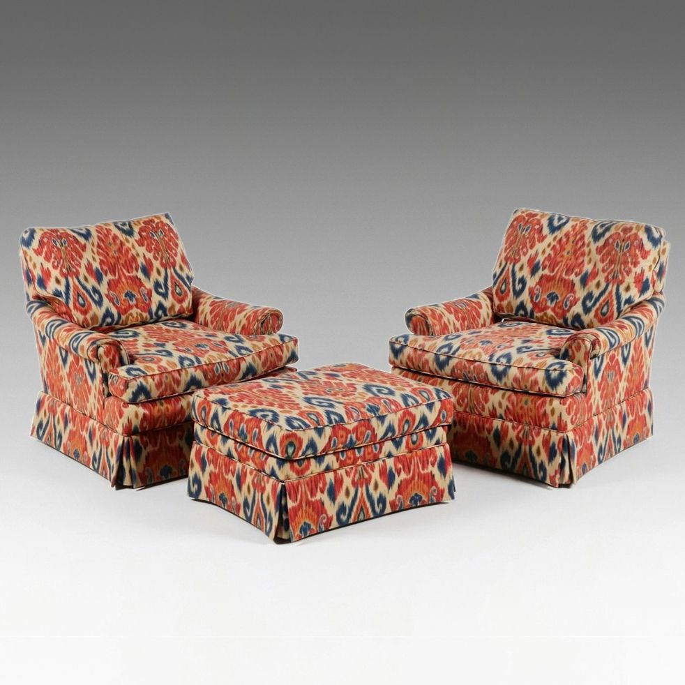 Pair of Armchairs with Ottoman in Ikat Upholstery