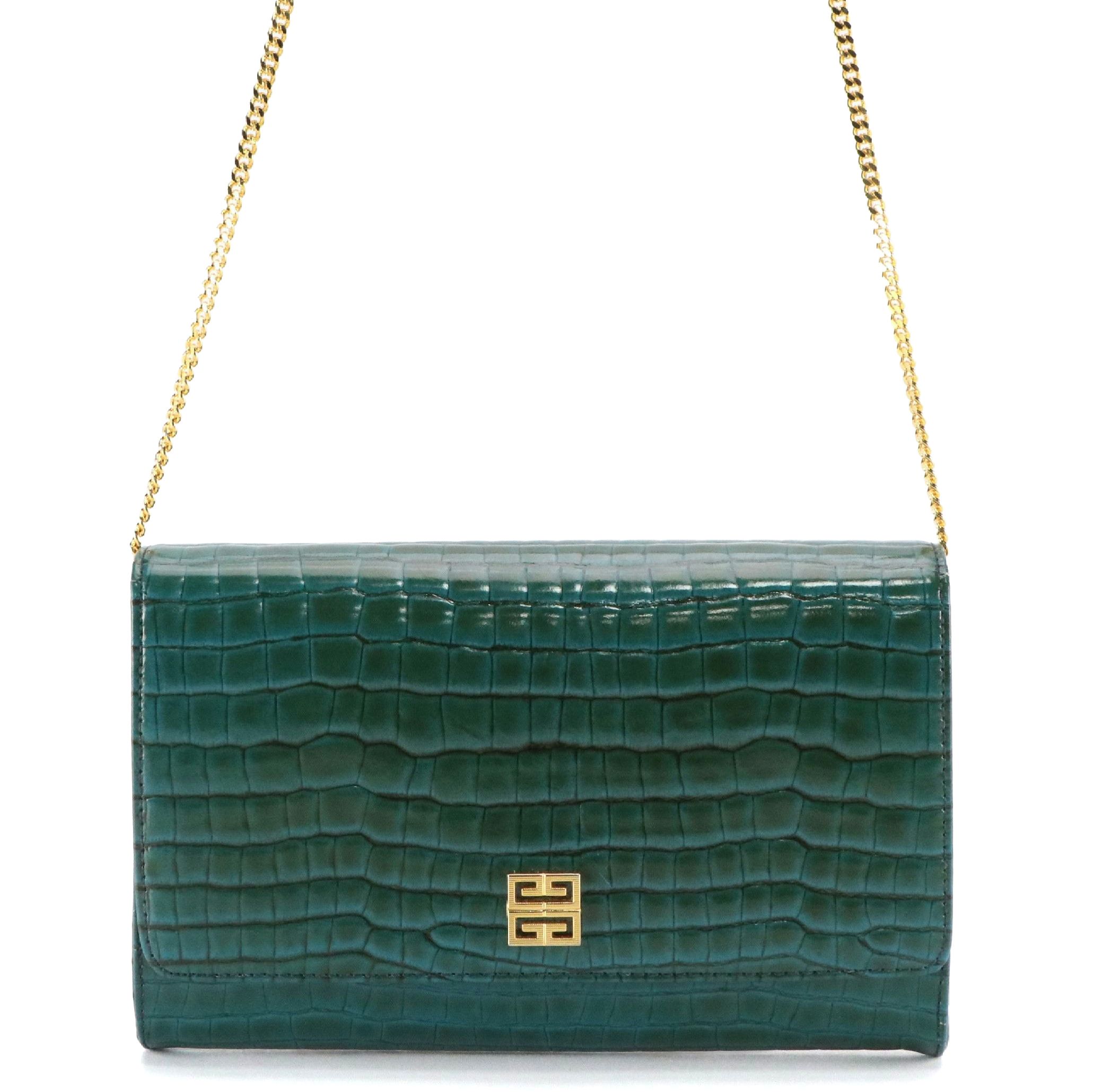 Givenchy Vintage Clutch Bag on Chain in Blue and Green Croc Embossed Leather