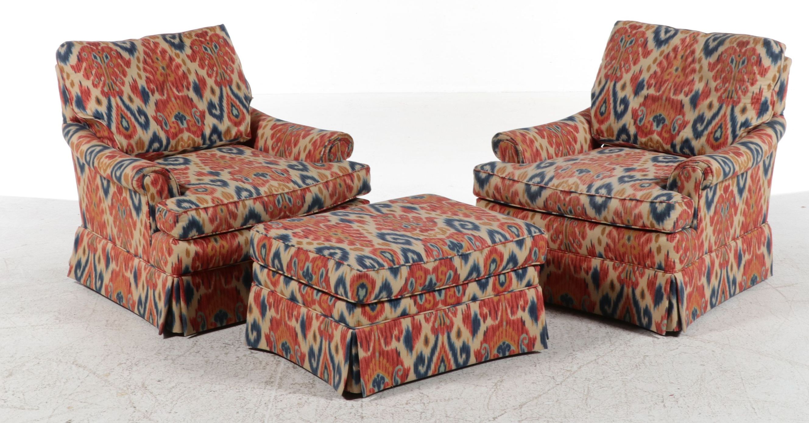 Pair of Armchairs with Ottoman in Ikat Upholstery