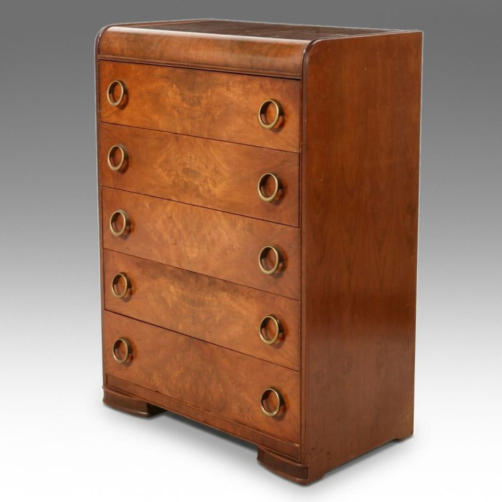 Art Deco Waterfall Walnut Tallboy Chest, Early 20th Century