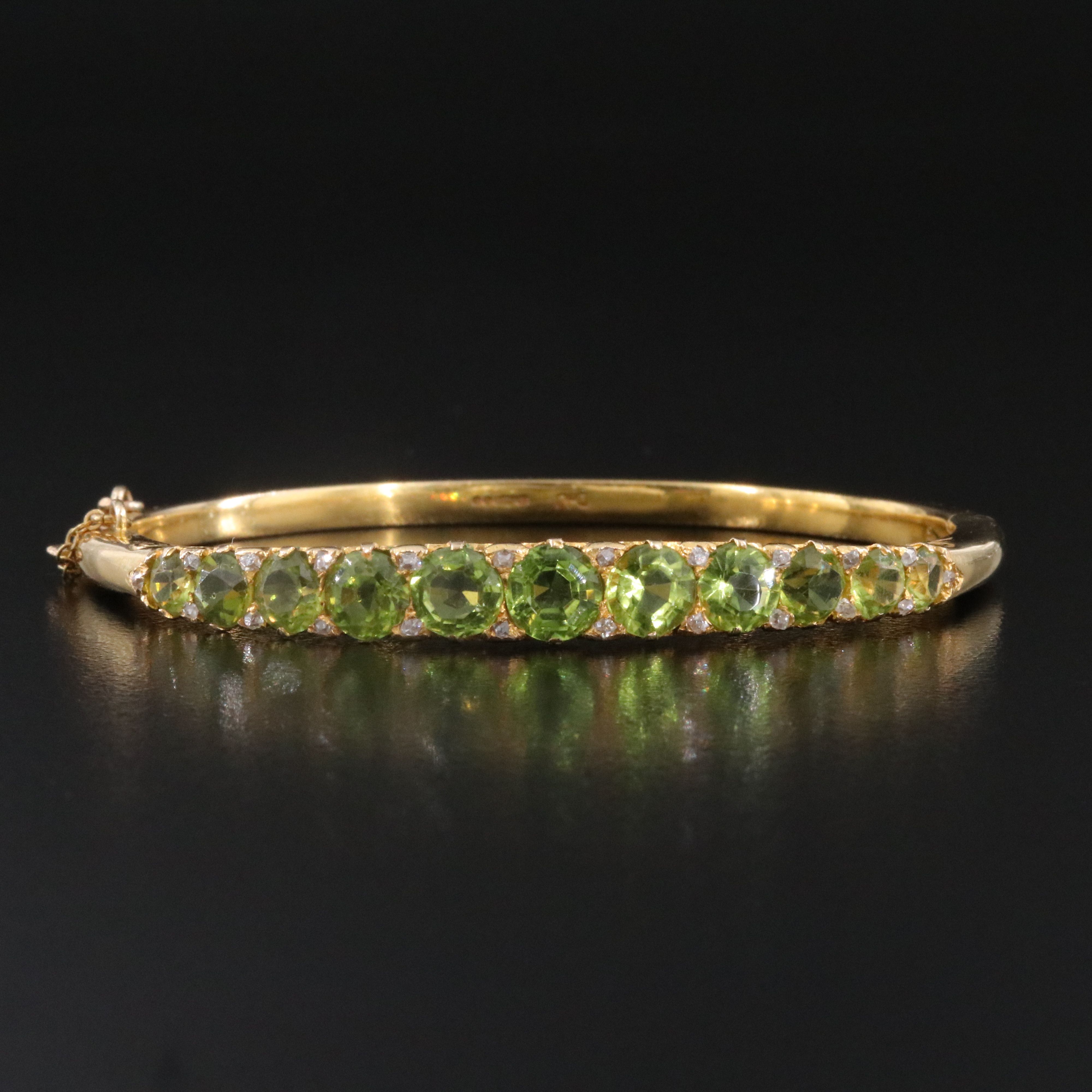 English Vintage 14K Peridot and Diamond Hinged Bangle Bracelet