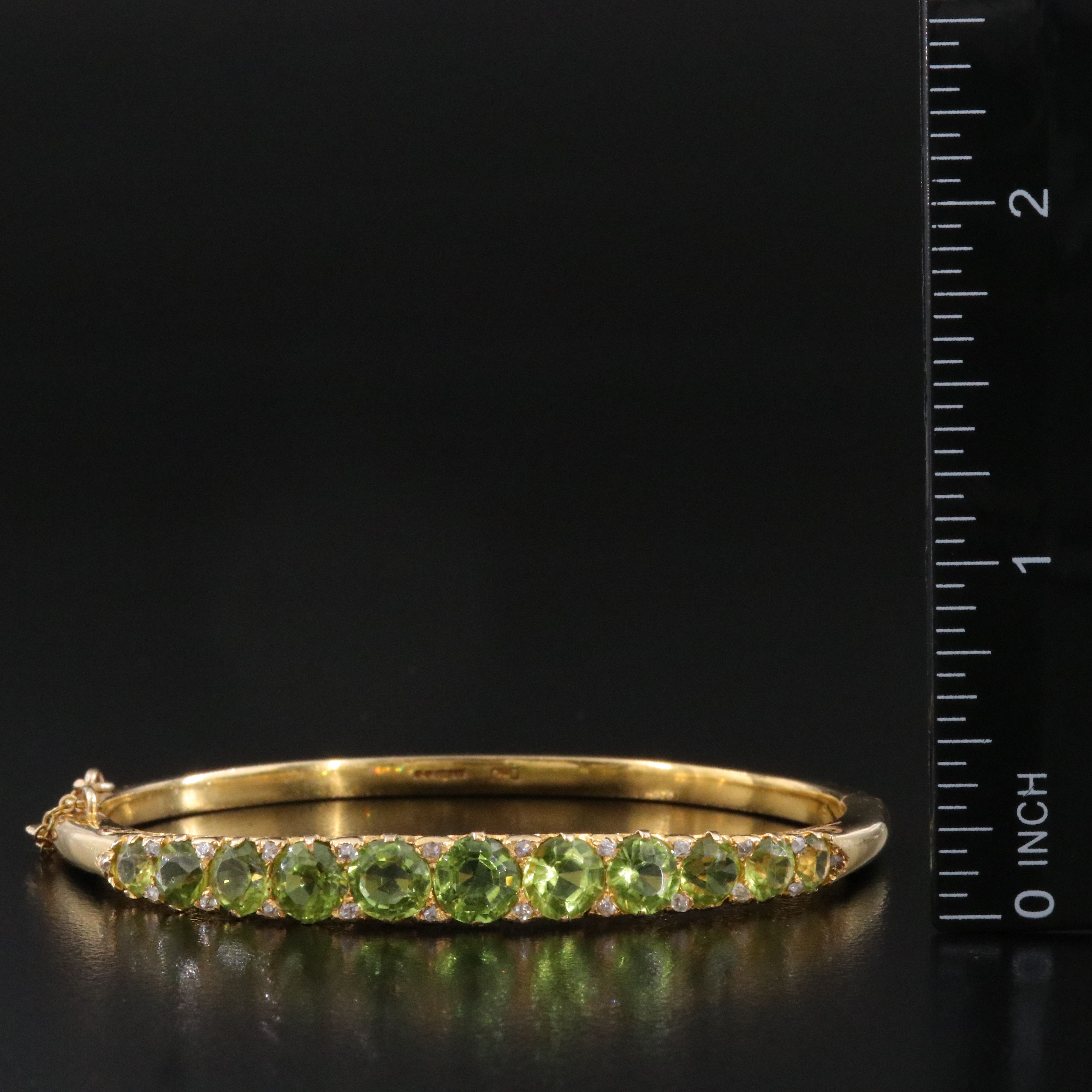 English Vintage 14K Peridot and Diamond Hinged Bangle Bracelet