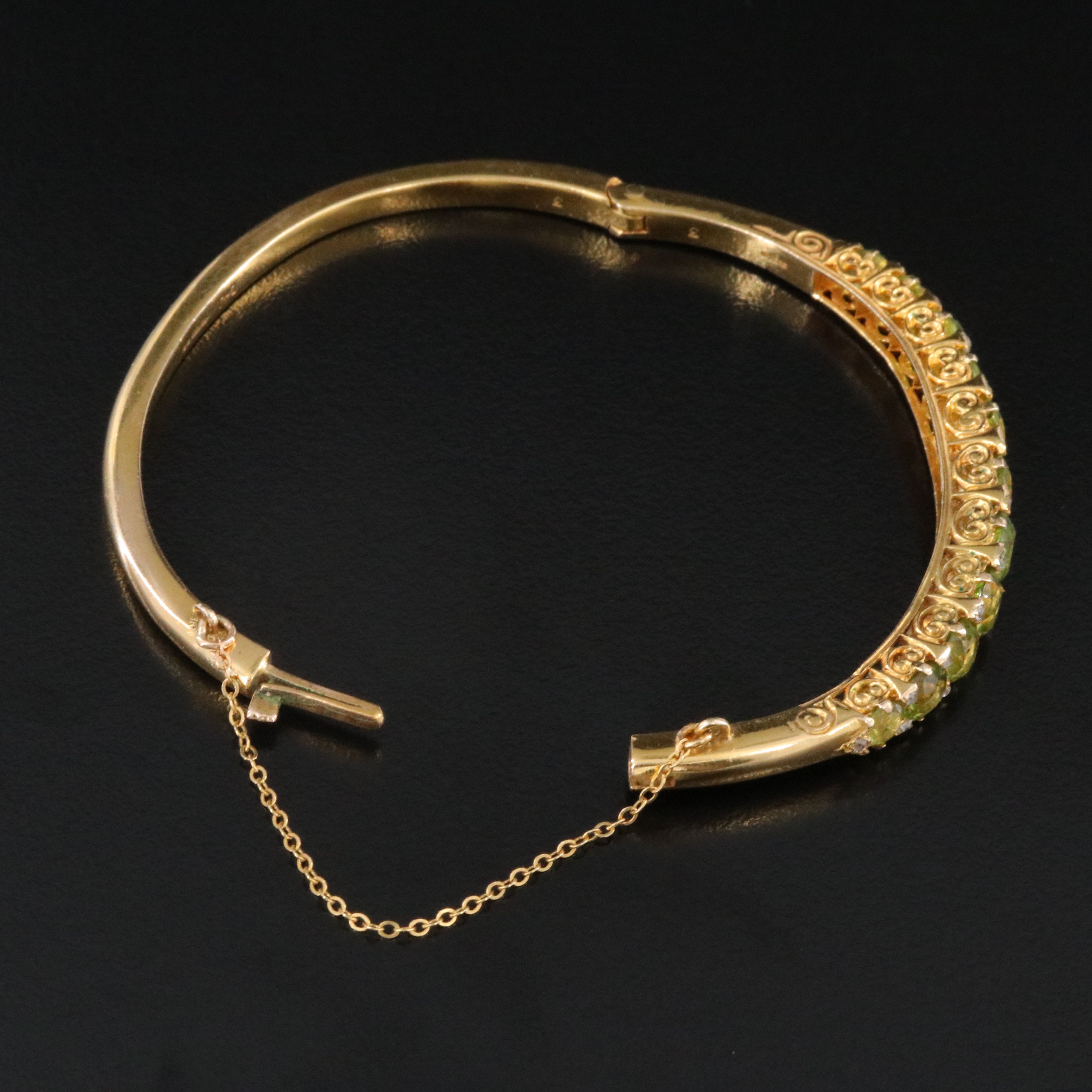 English Vintage 14K Peridot and Diamond Hinged Bangle Bracelet