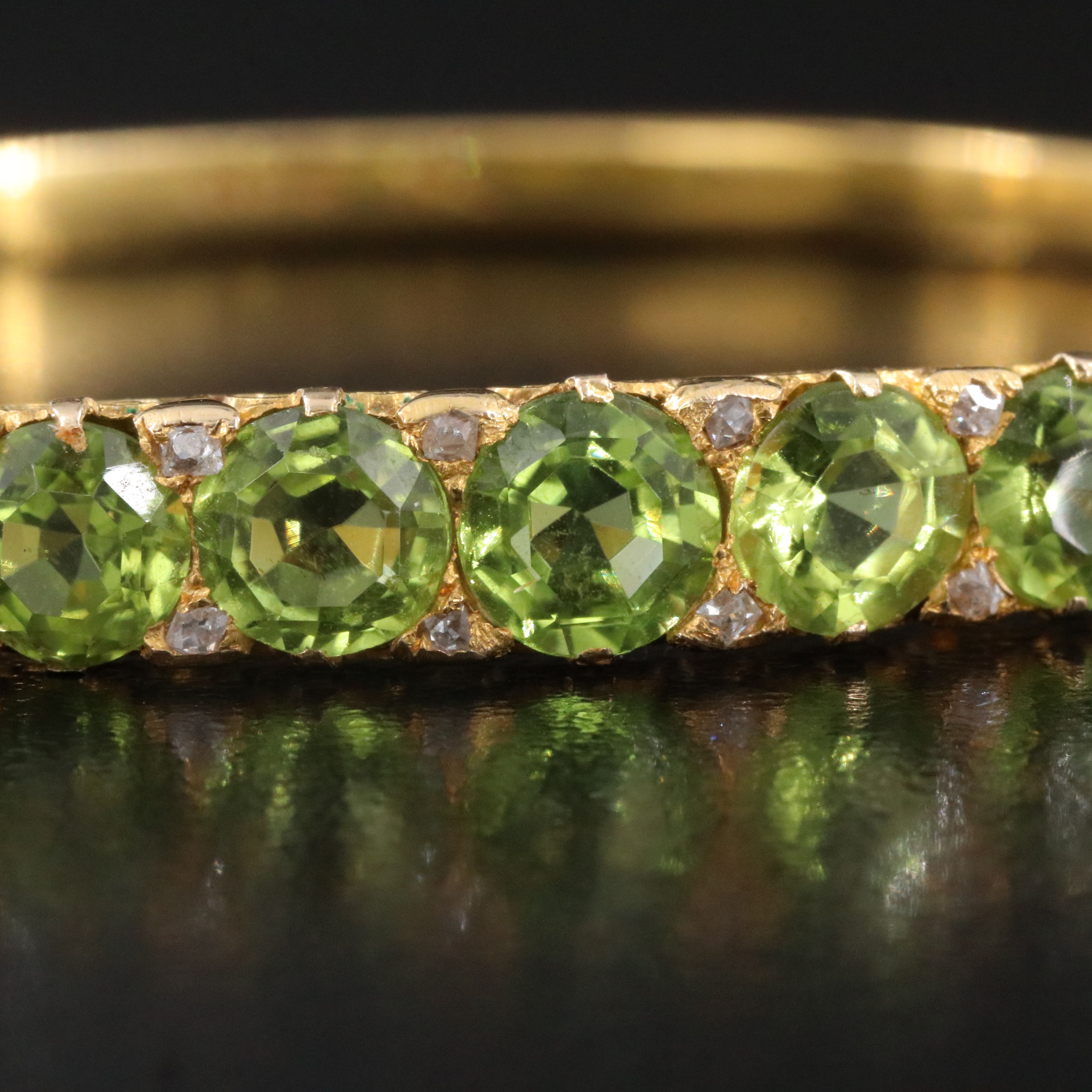 English Vintage 14K Peridot and Diamond Hinged Bangle Bracelet