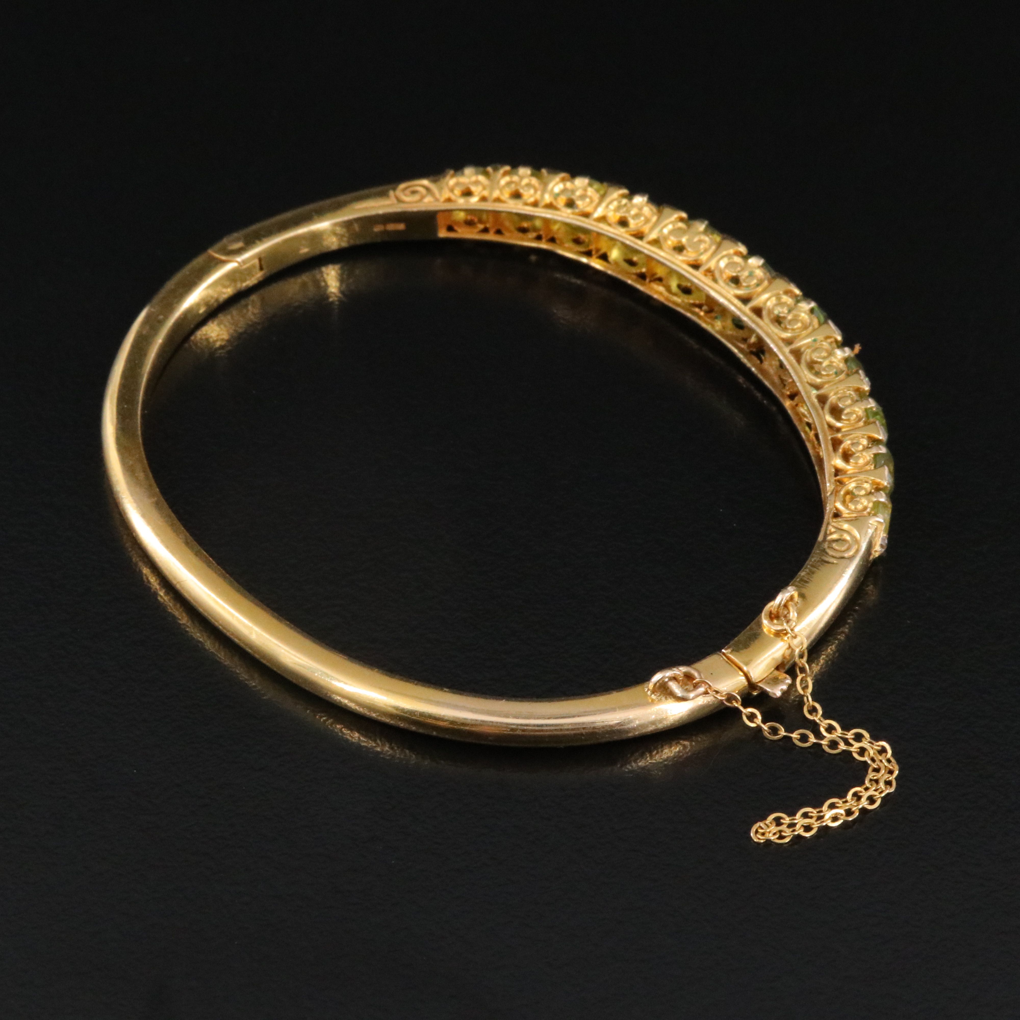 English Vintage 14K Peridot and Diamond Hinged Bangle Bracelet
