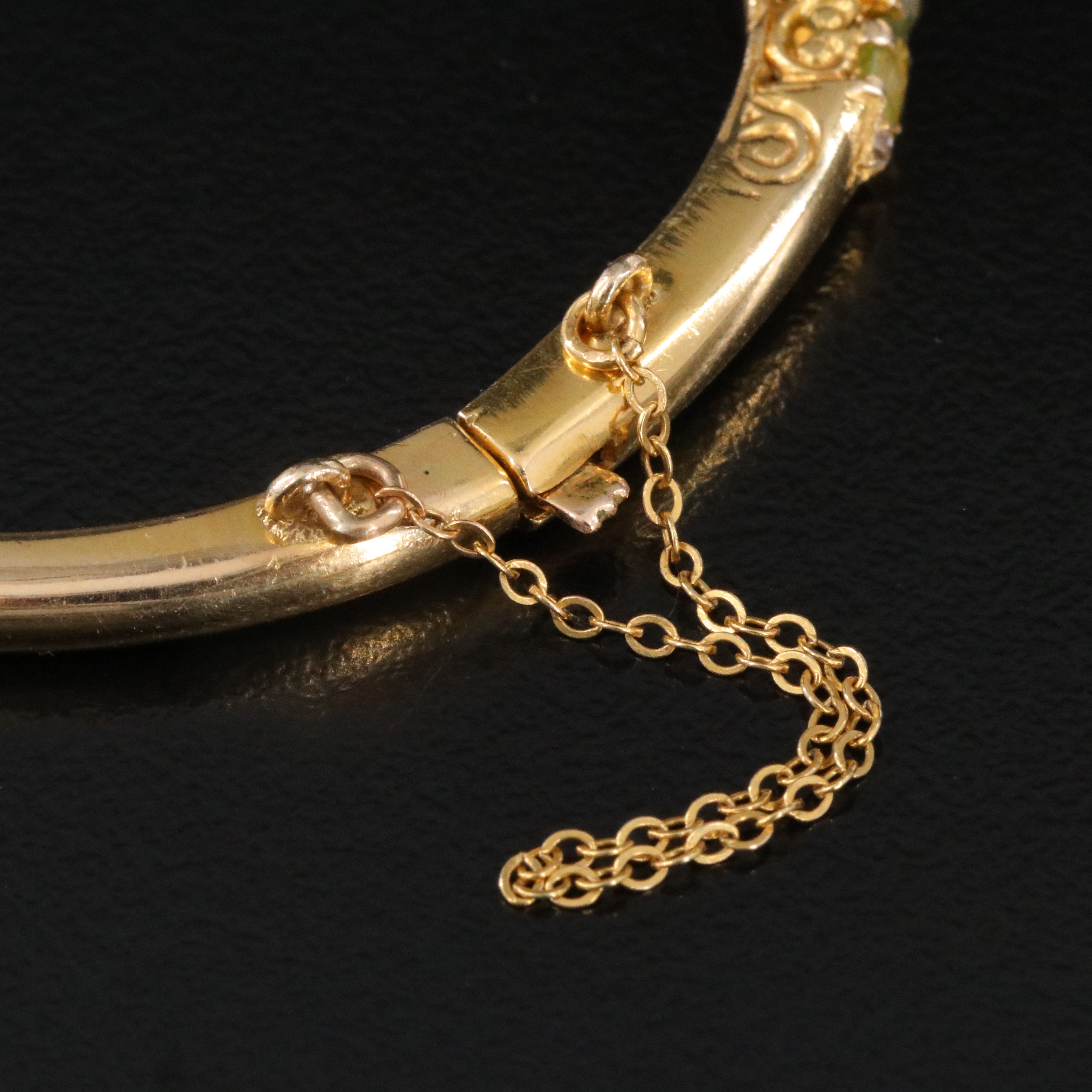 English Vintage 14K Peridot and Diamond Hinged Bangle Bracelet