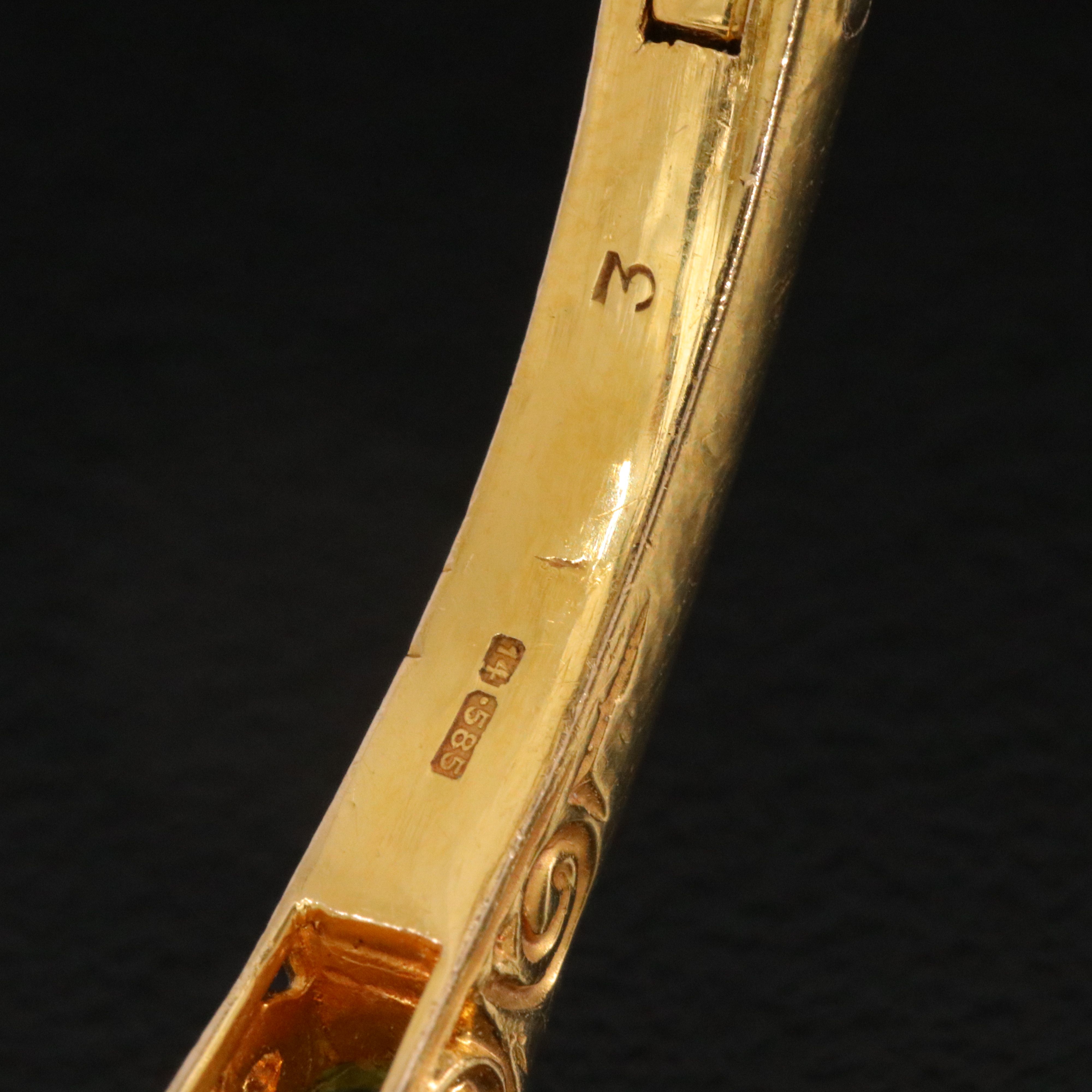 English Vintage 14K Peridot and Diamond Hinged Bangle Bracelet