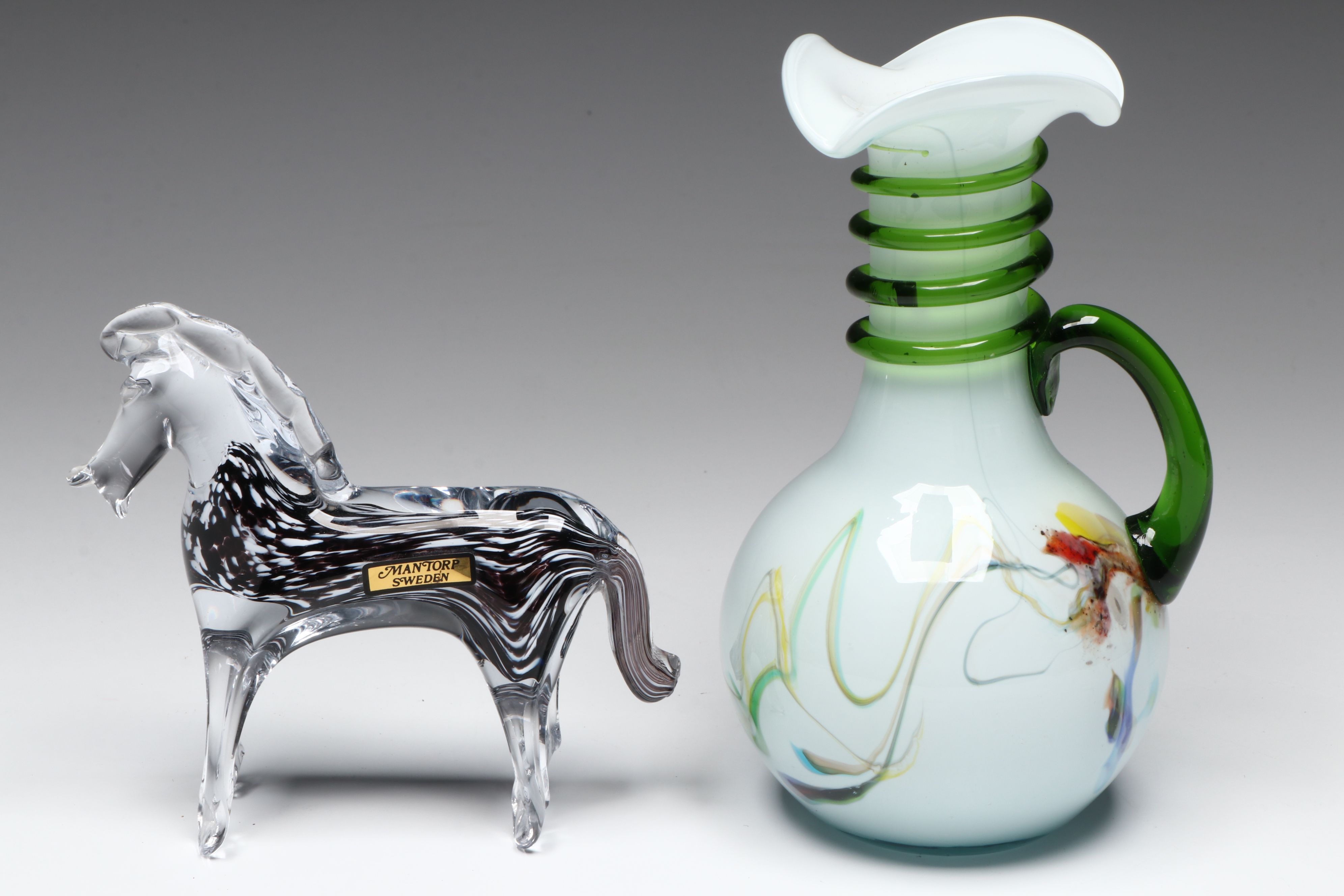 Mantorp Crystal Horse with Art Glass Handled Vase