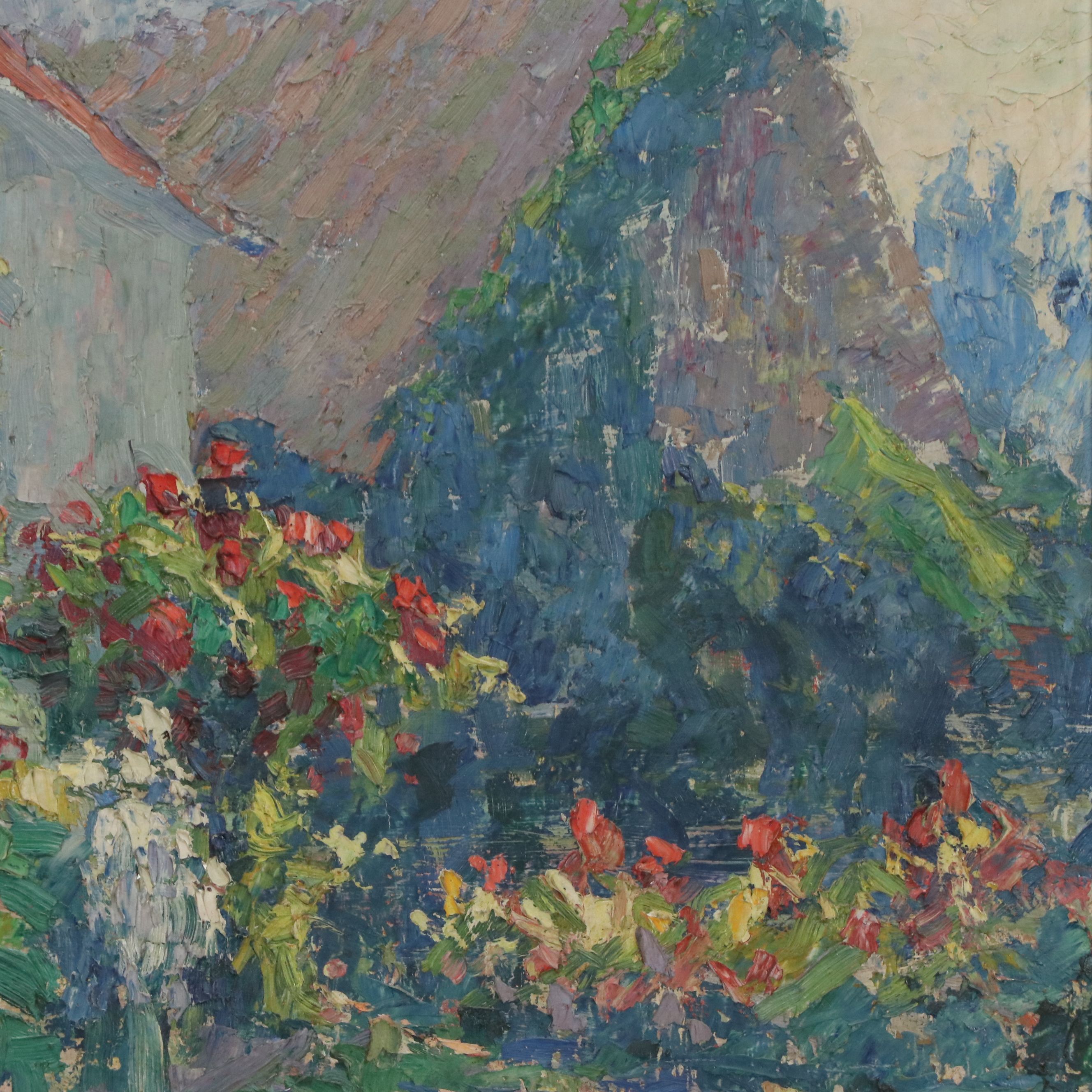 European School Impressionist Oil Painting of Flower Garden, Circa Late 19th C.