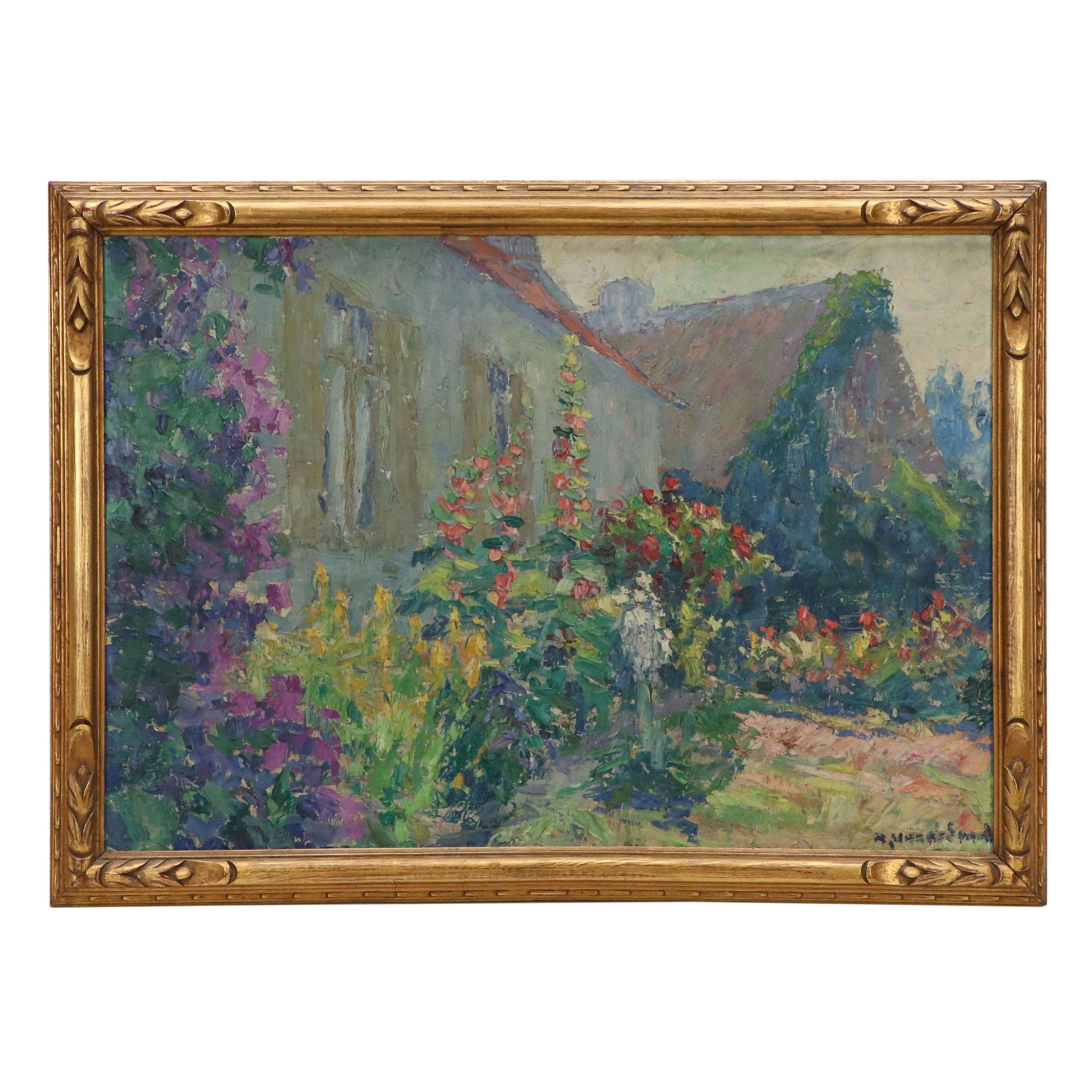 European School Impressionist Oil Painting of Flower Garden, Circa Late 19th C.