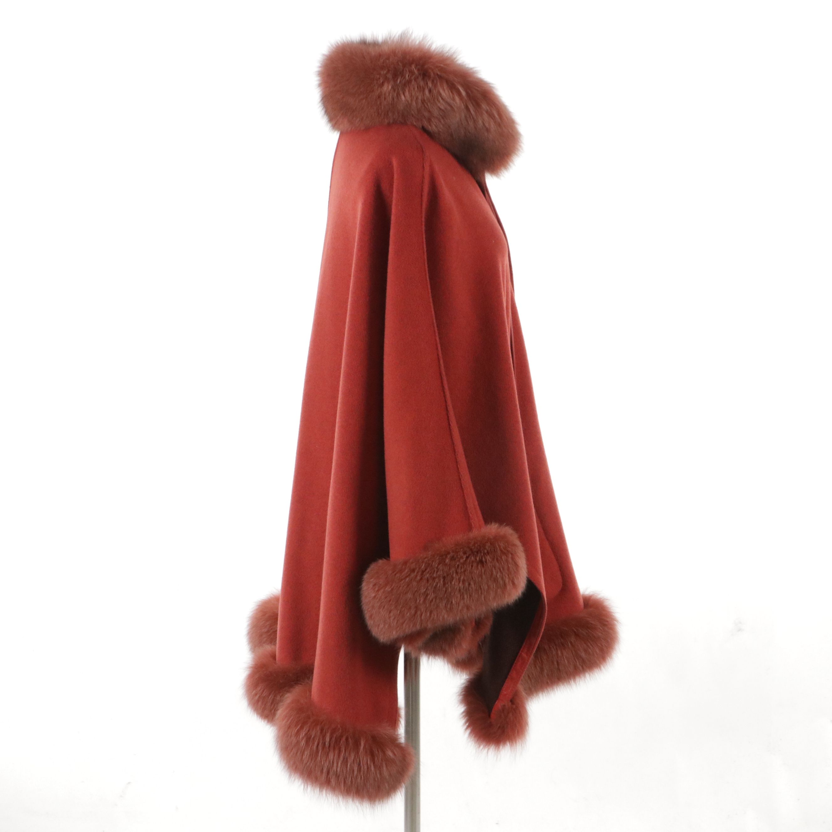 Reversible Cape in Wool Blend with Fox Fur and Leather Trim
