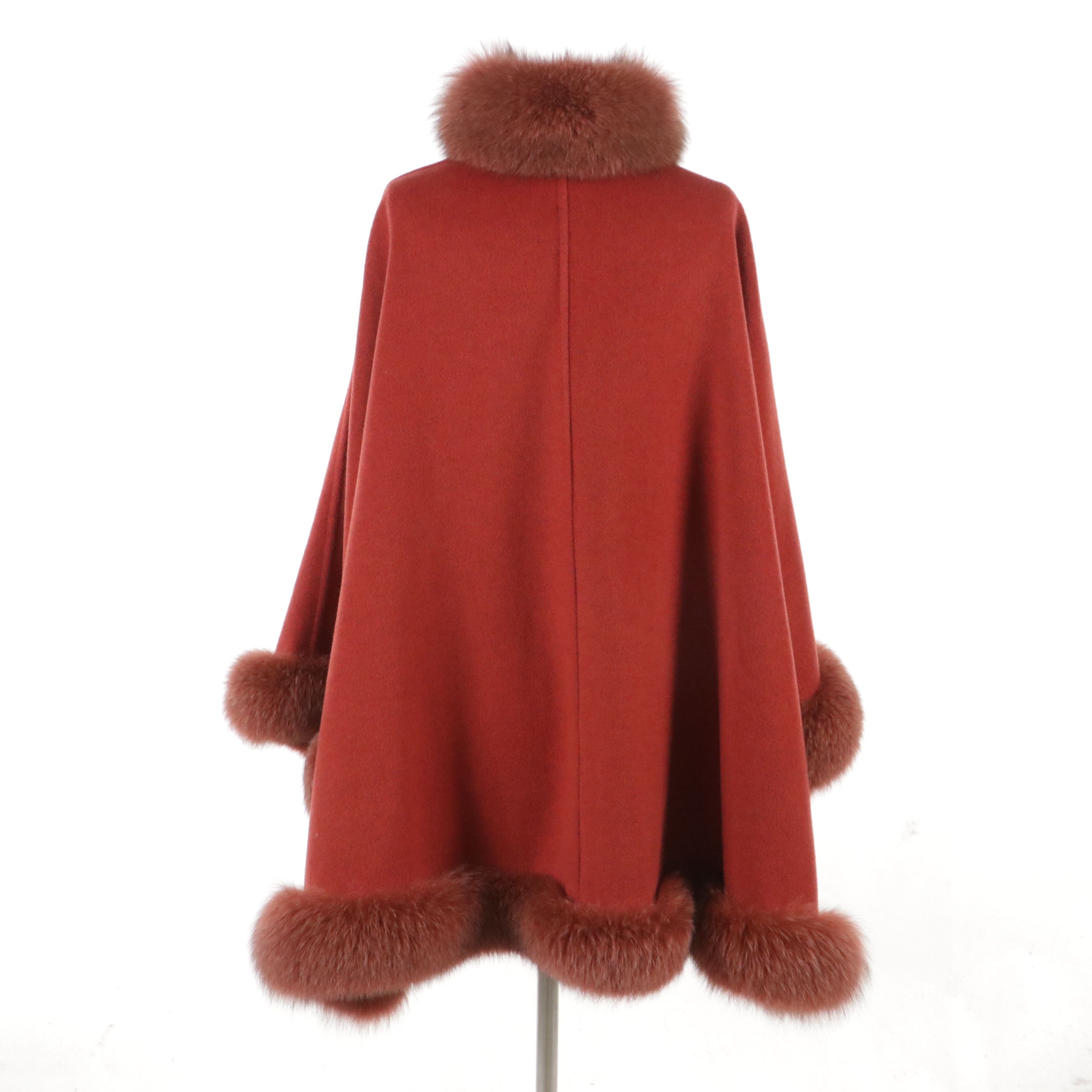 Reversible Cape in Wool Blend with Fox Fur and Leather Trim