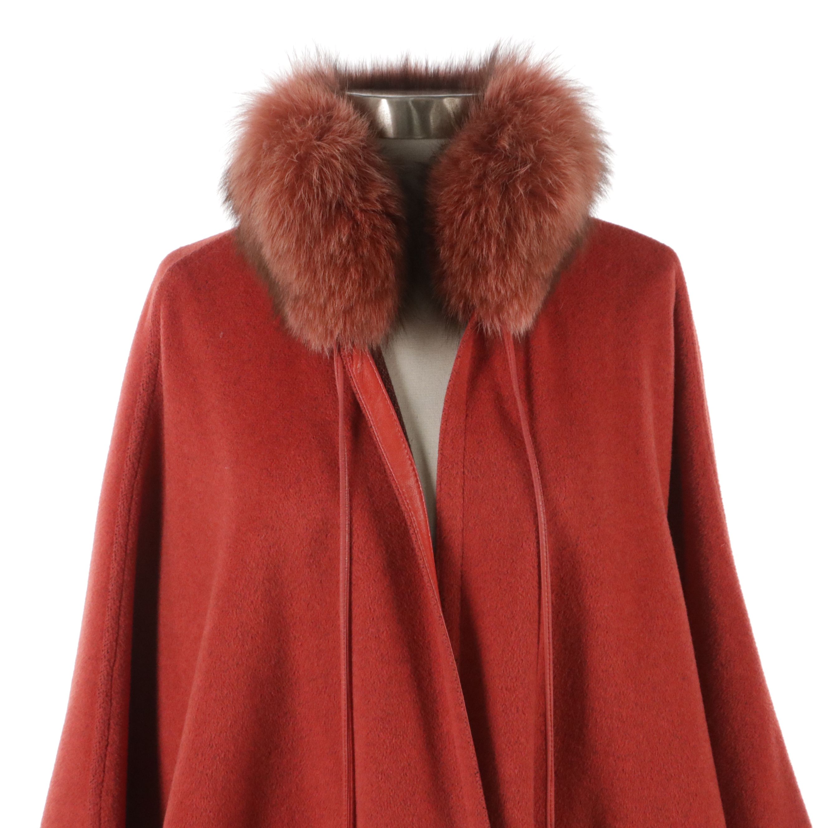Reversible Cape in Wool Blend with Fox Fur and Leather Trim
