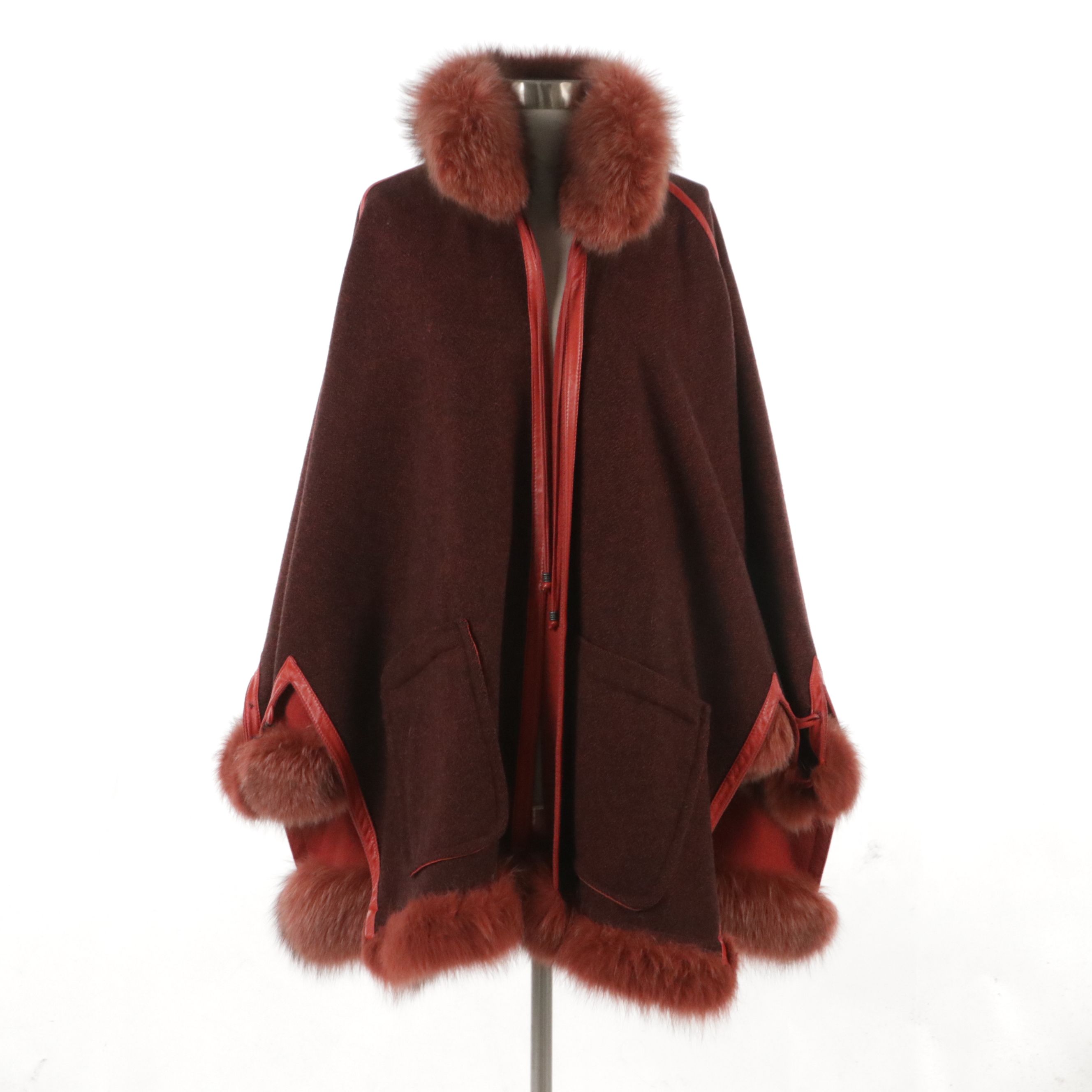Reversible Cape in Wool Blend with Fox Fur and Leather Trim