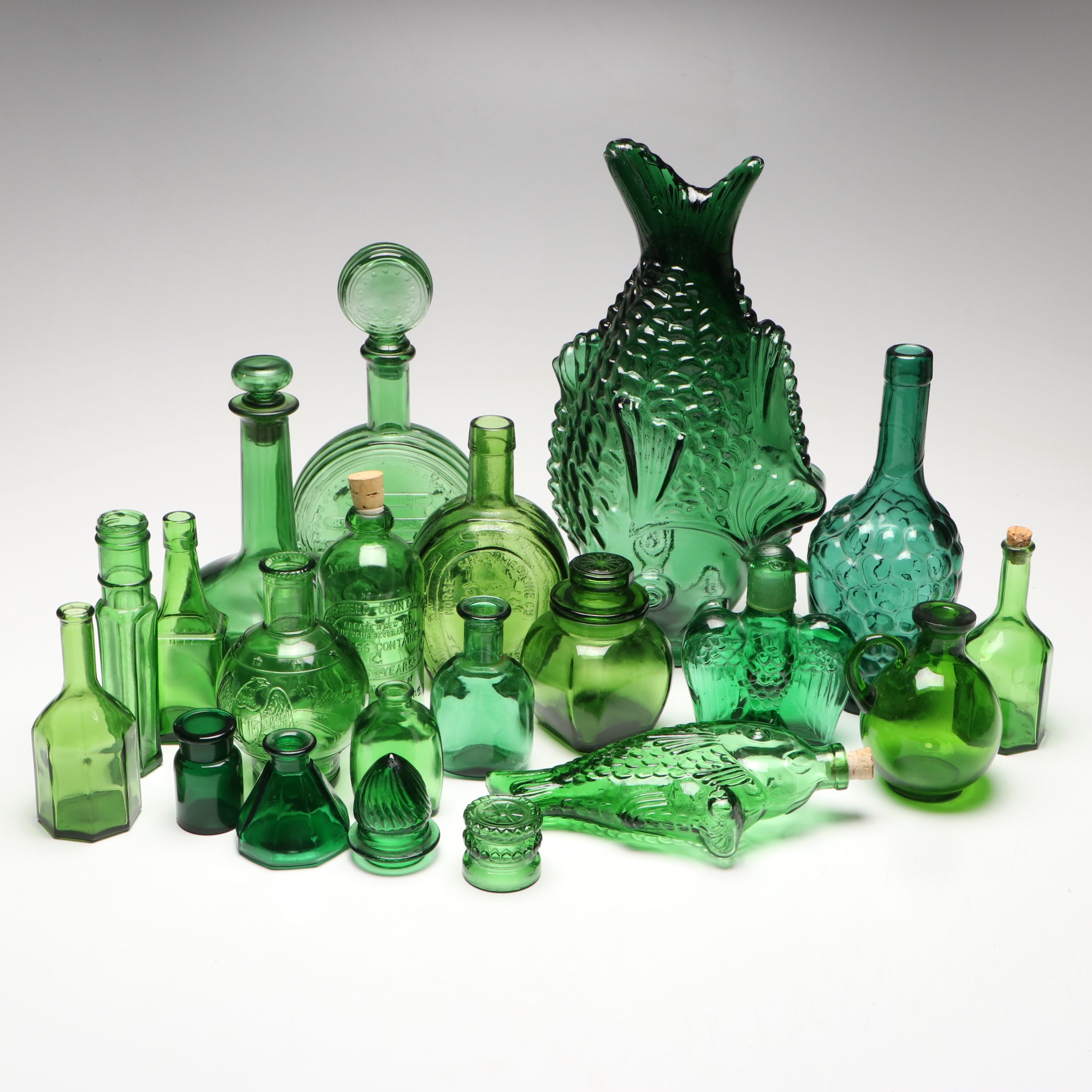 Wheaton Glass Co. Bottles with Other Fish-Shaped Vessels and More Green Glass