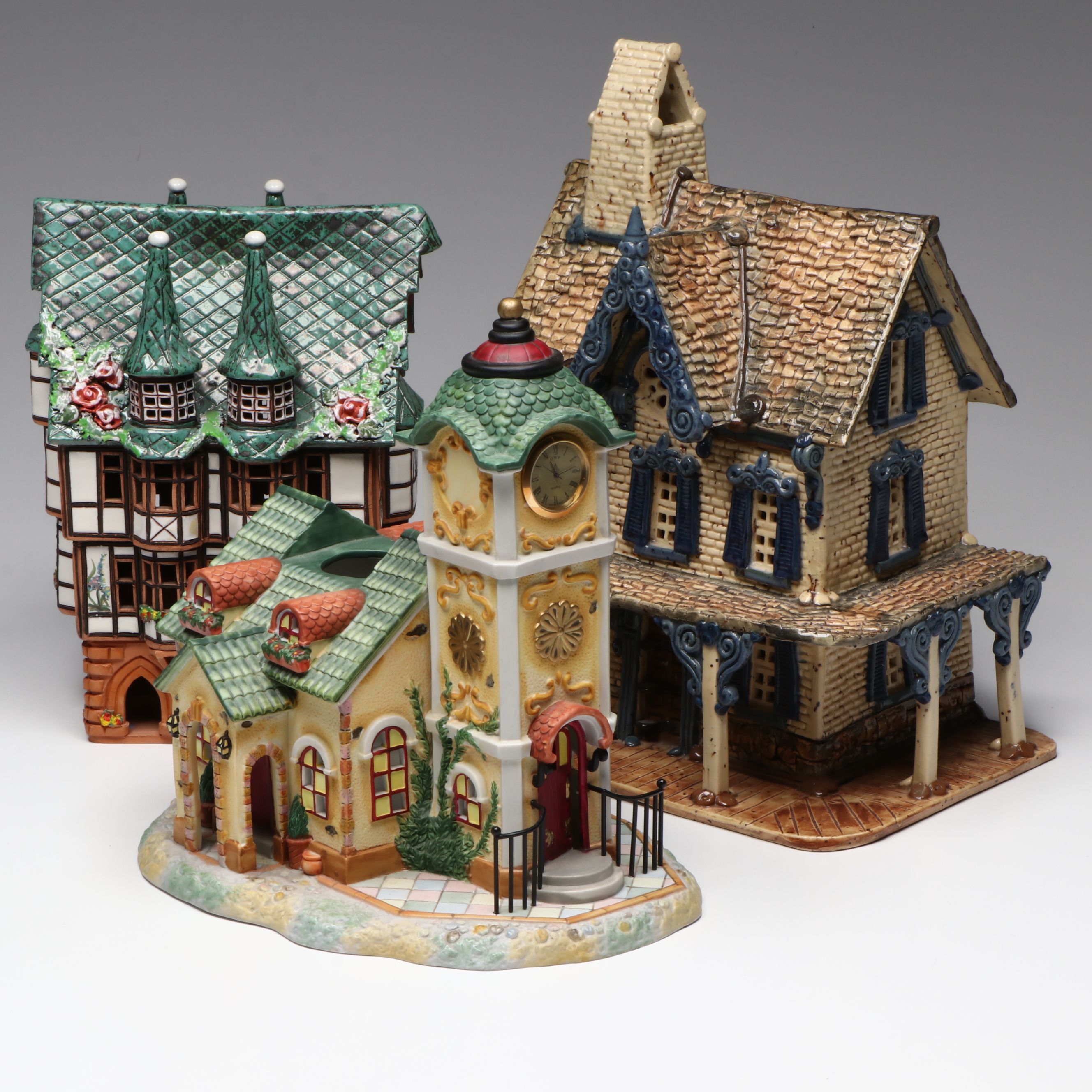 Clocktower, Farmhouse and Tudor Cottage Ceramic Village Candle Holders