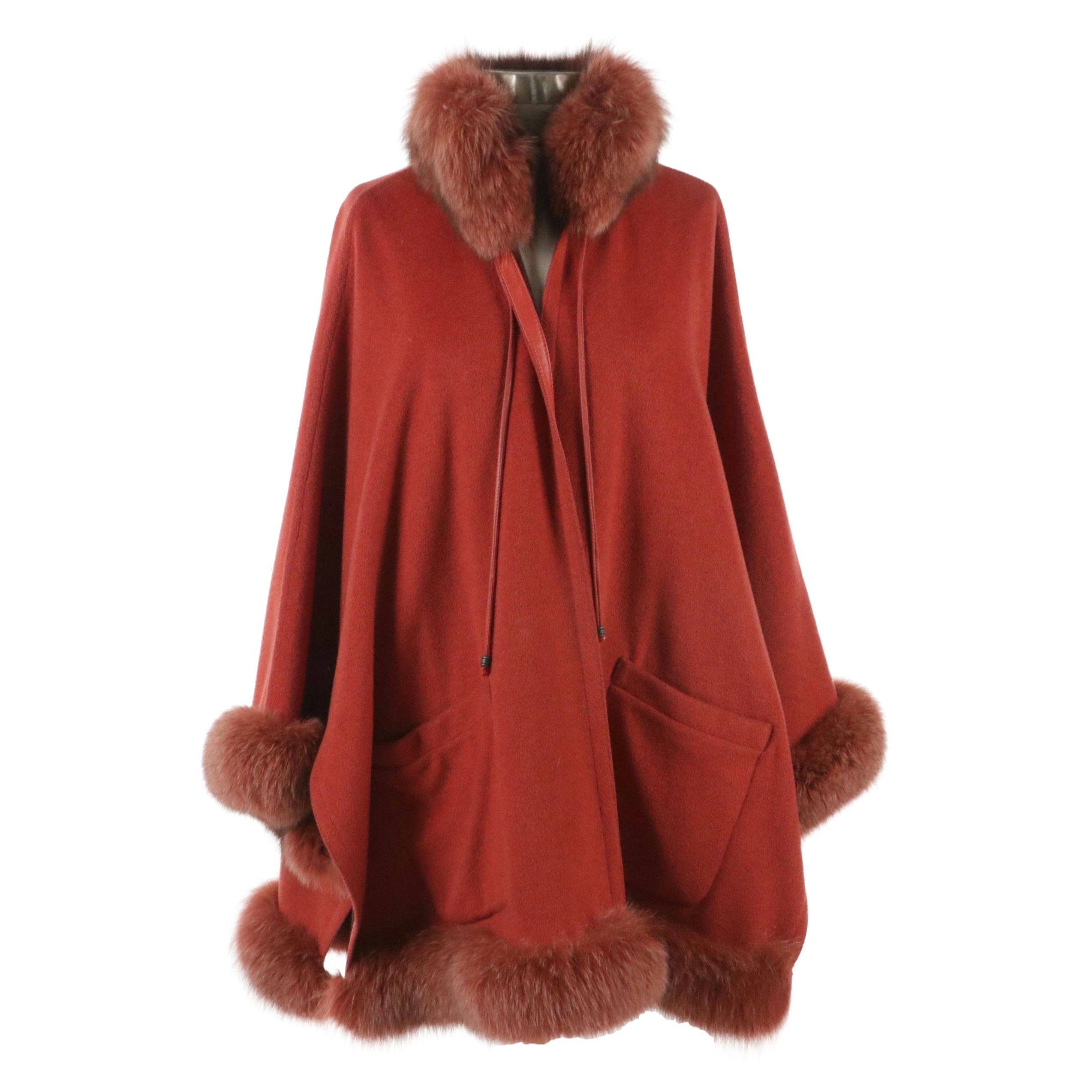 Reversible Cape in Wool Blend with Fox Fur and Leather Trim