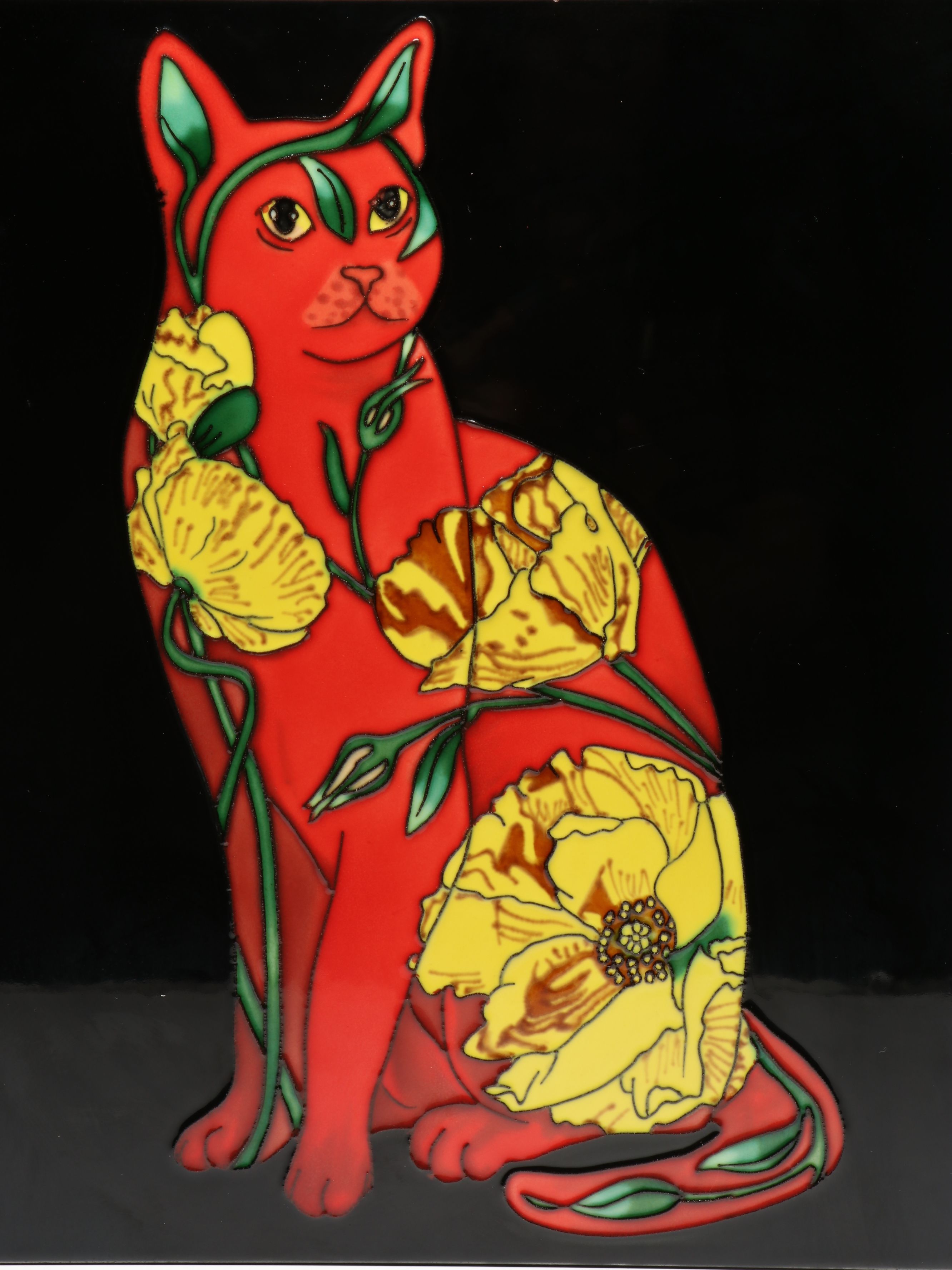 Longwy Enamel Style Composite Floral Cat Wall Hanging