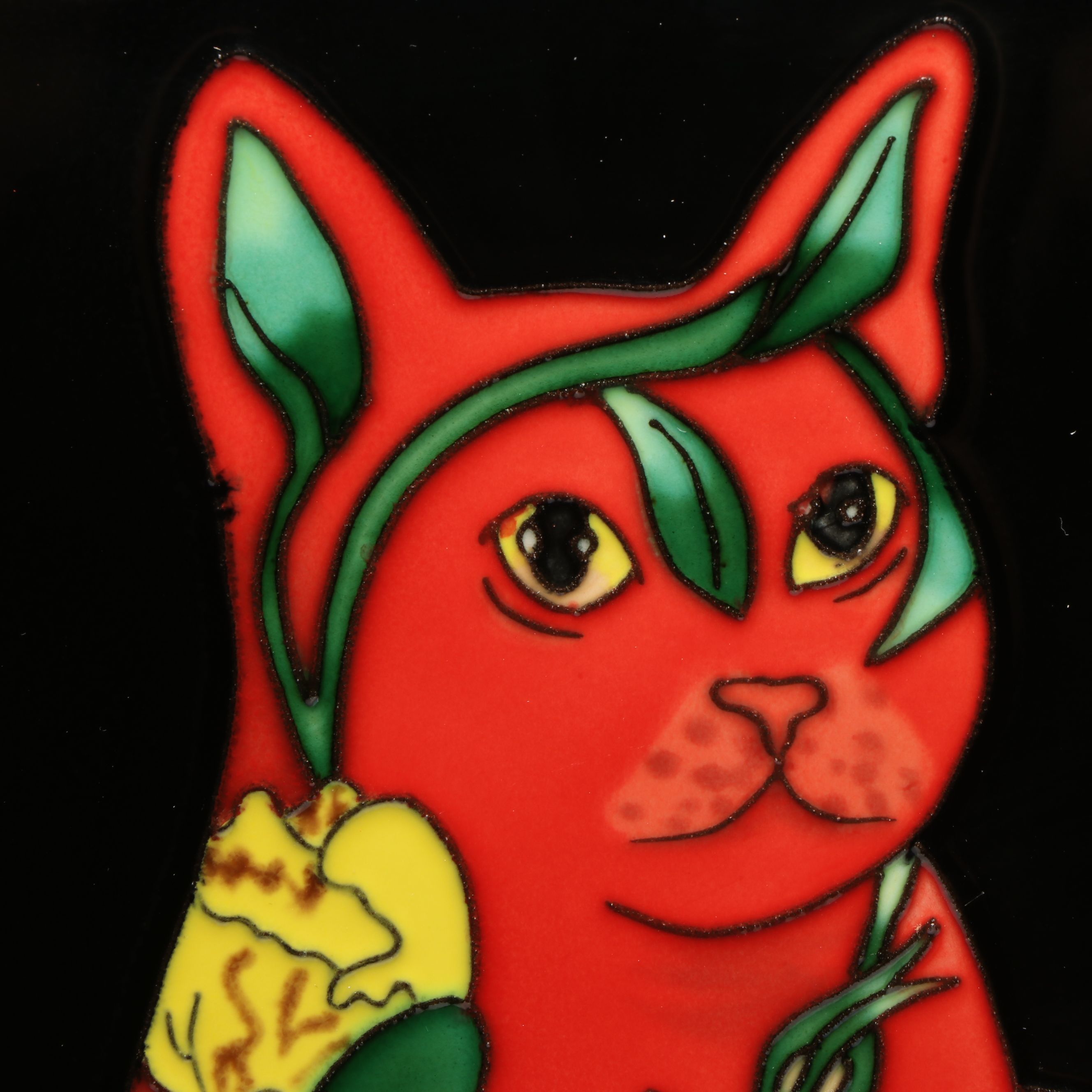 Longwy Enamel Style Composite Floral Cat Wall Hanging
